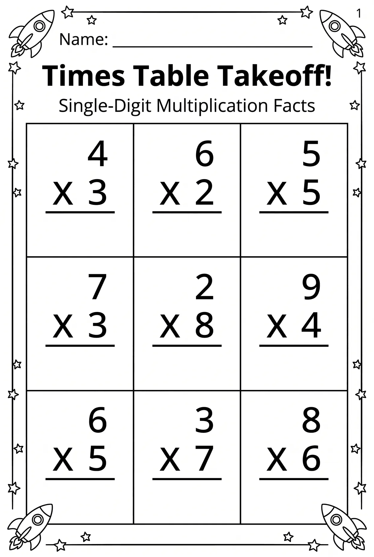 Times Table Takeoff: Rocket Multiplication Worksheet, page 1 preview