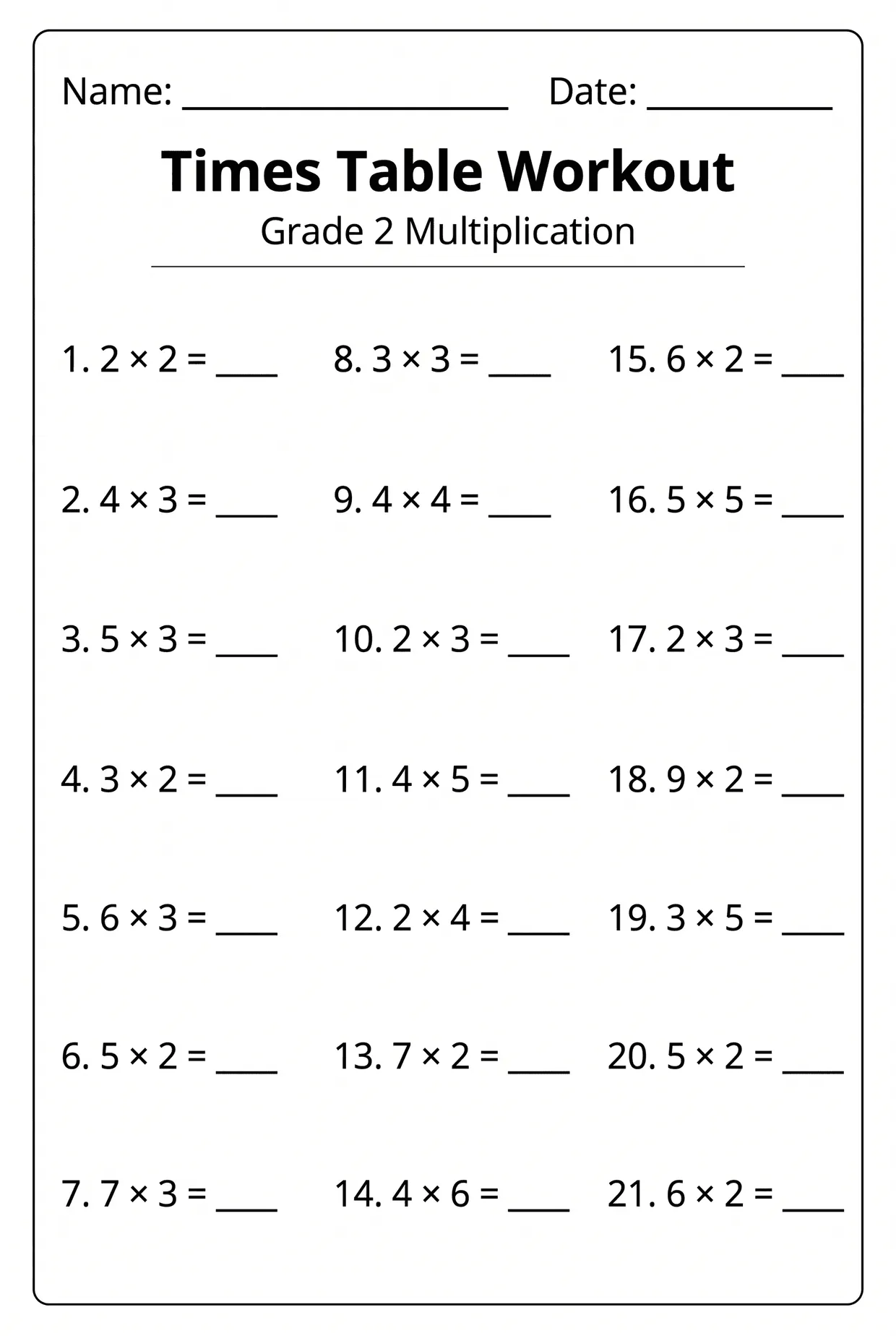 Times Table Workout: 2nd Grade Multiplication Worksheet, page 1 preview