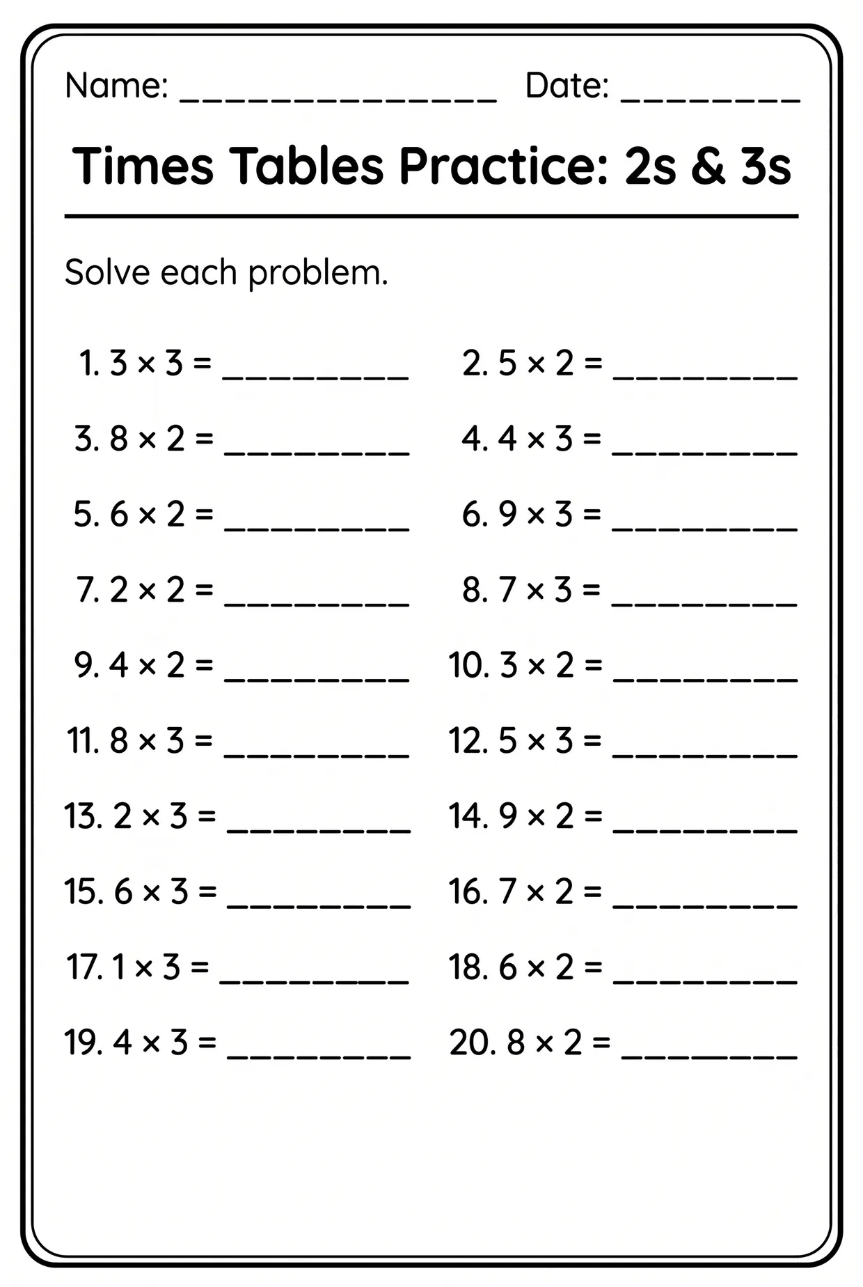 2s and 3s Mixed Multiplication Worksheet (Grade 2) worksheet preview