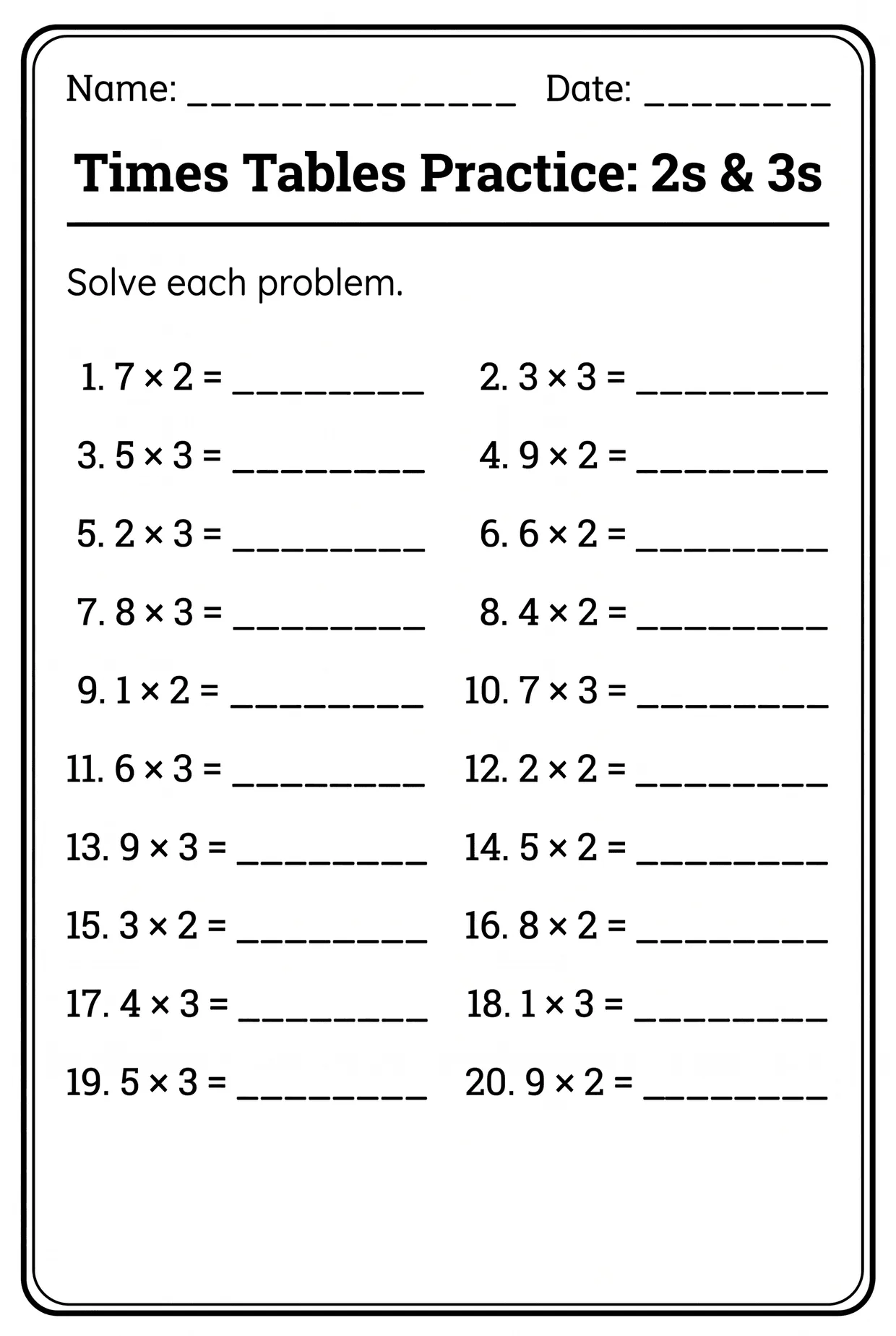 Times Tables Practice: 2s and 3s Worksheet (Grade 2), page 1 preview