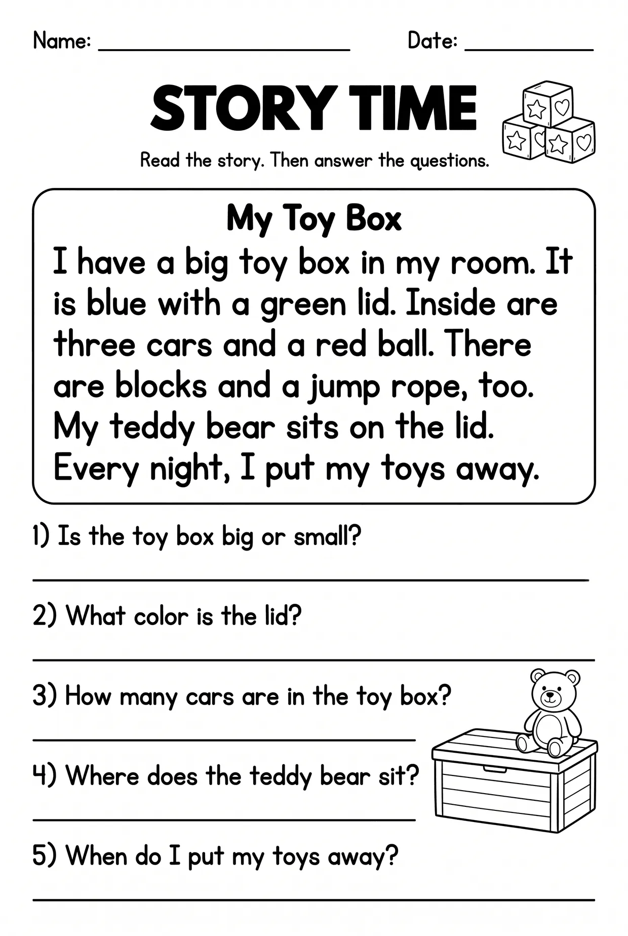 My Toy Box Reading Comprehension Worksheet for Grade 1, page 1 preview