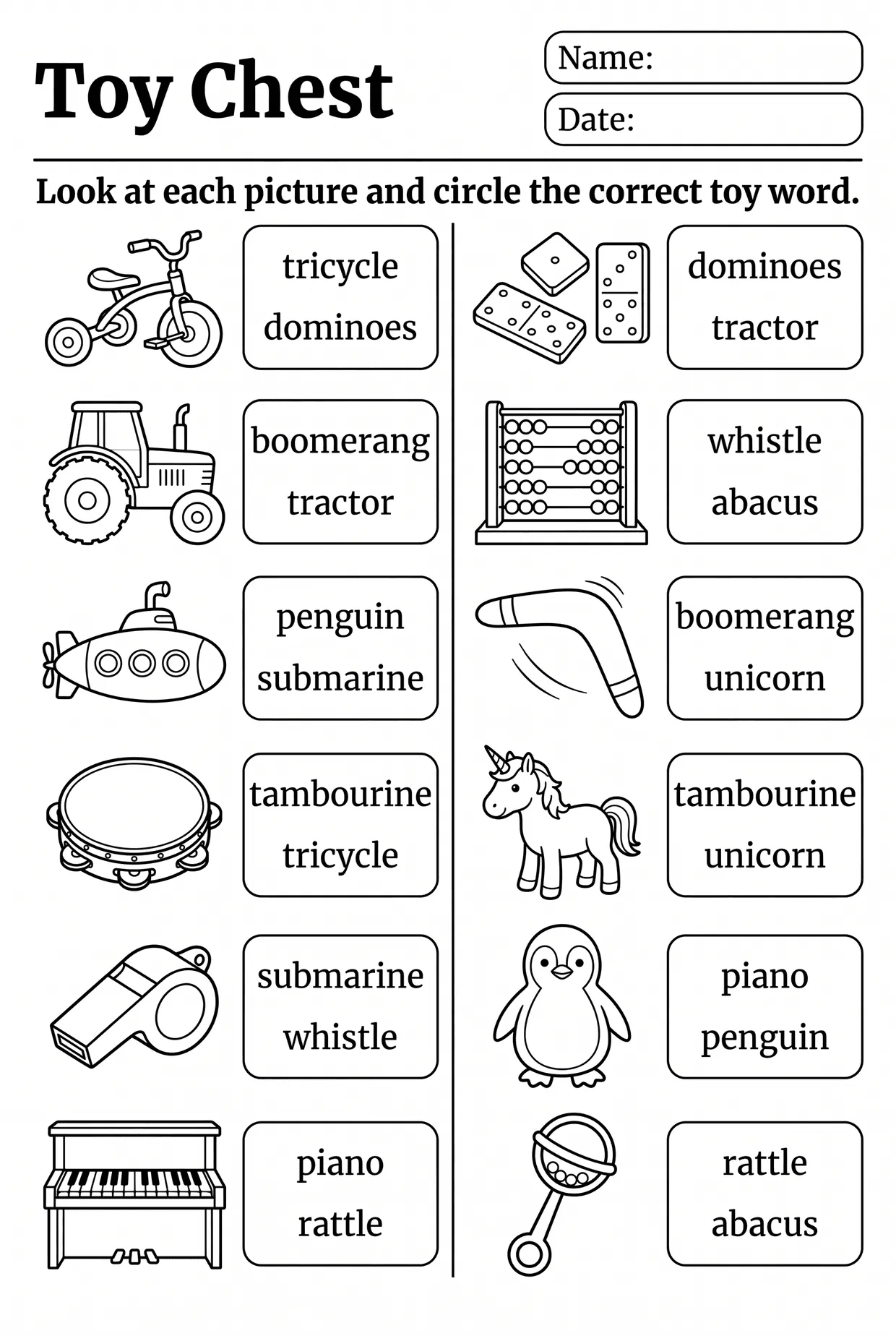 Toy Chest: Circle the Word Toys Worksheet, page 1 preview