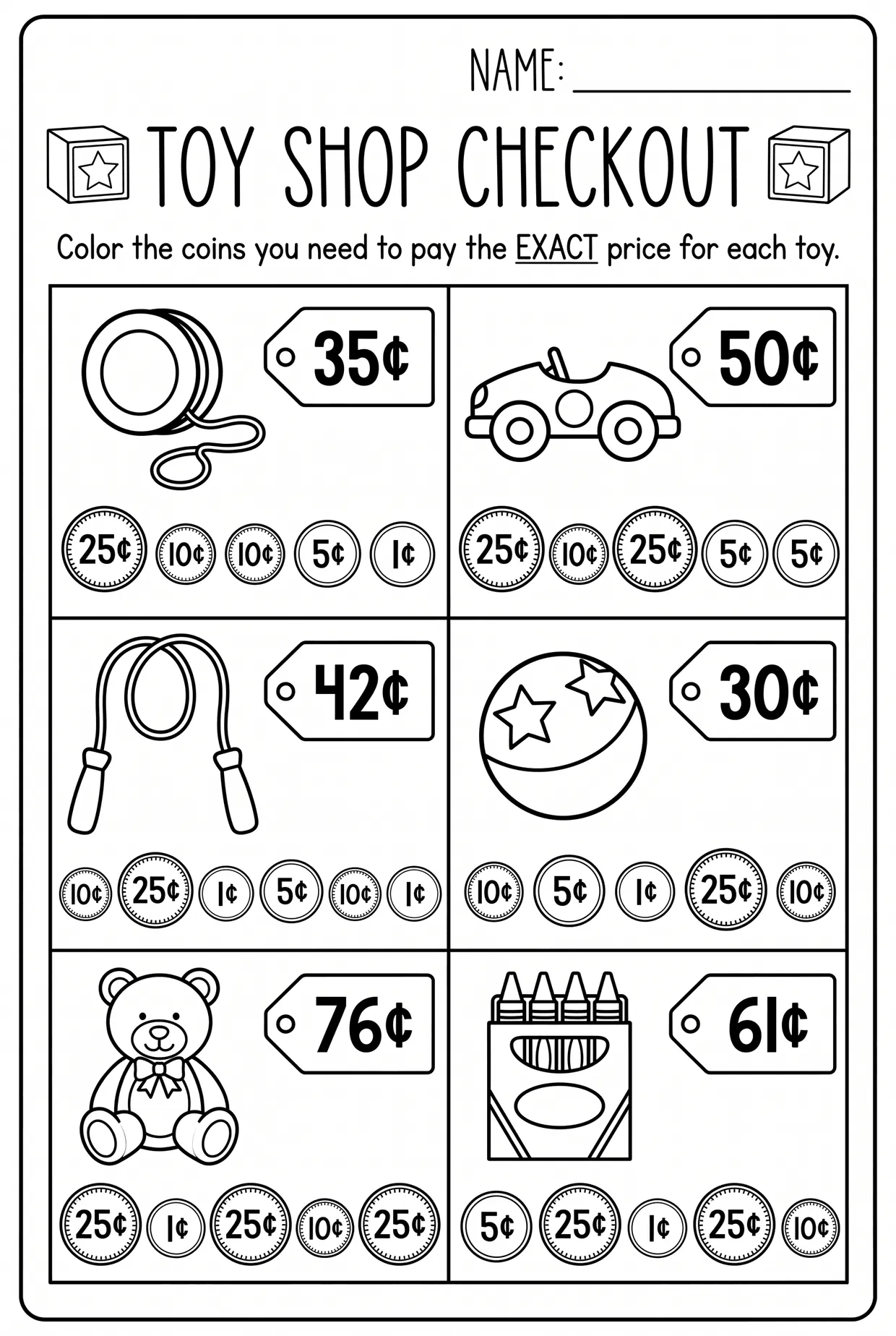 Toy Shop Exact Price: 2nd Grade Money Worksheet, page 1 preview