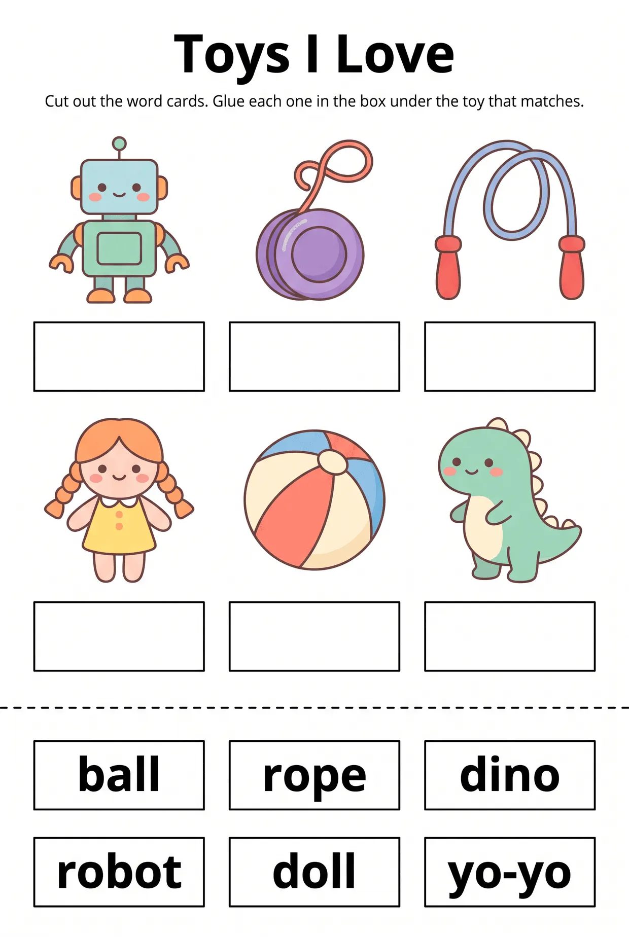 Toys I Love: Cut and Paste Toys Worksheet, page 1 preview