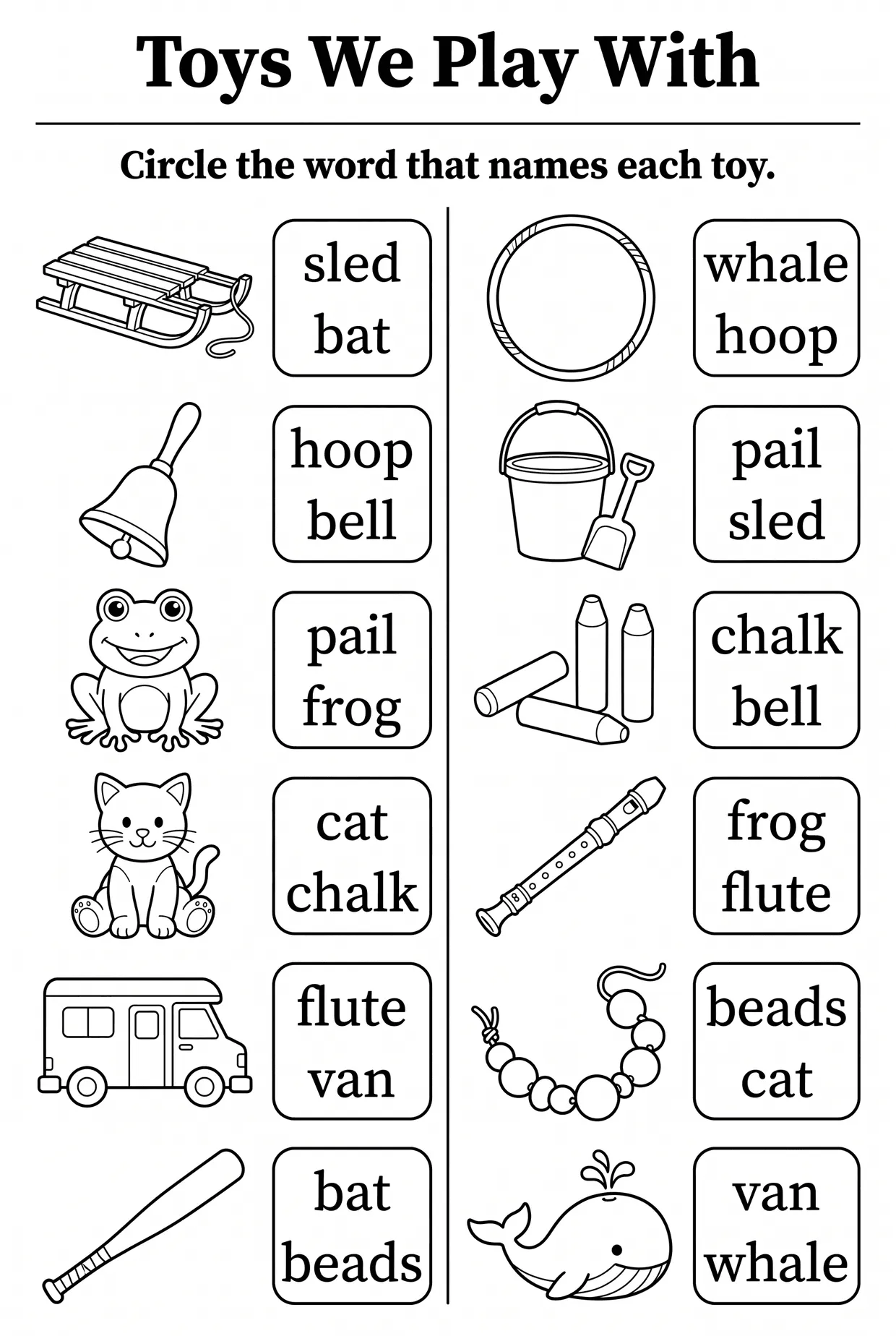 Toys We Play With: Circle the Word Toys Worksheet, page 1 preview