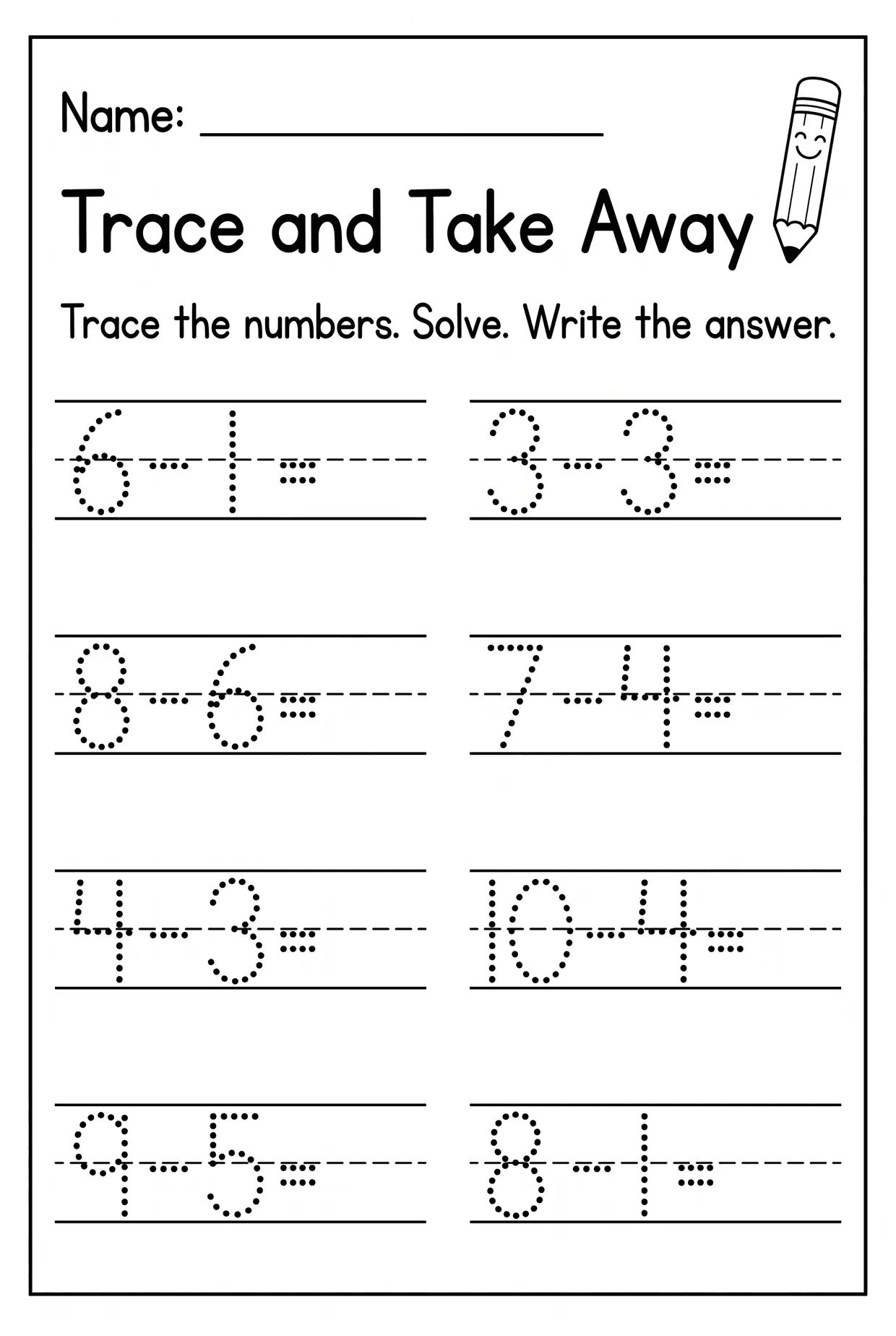 Trace and Take Away Kindergarten Subtraction Worksheet, page 1 preview