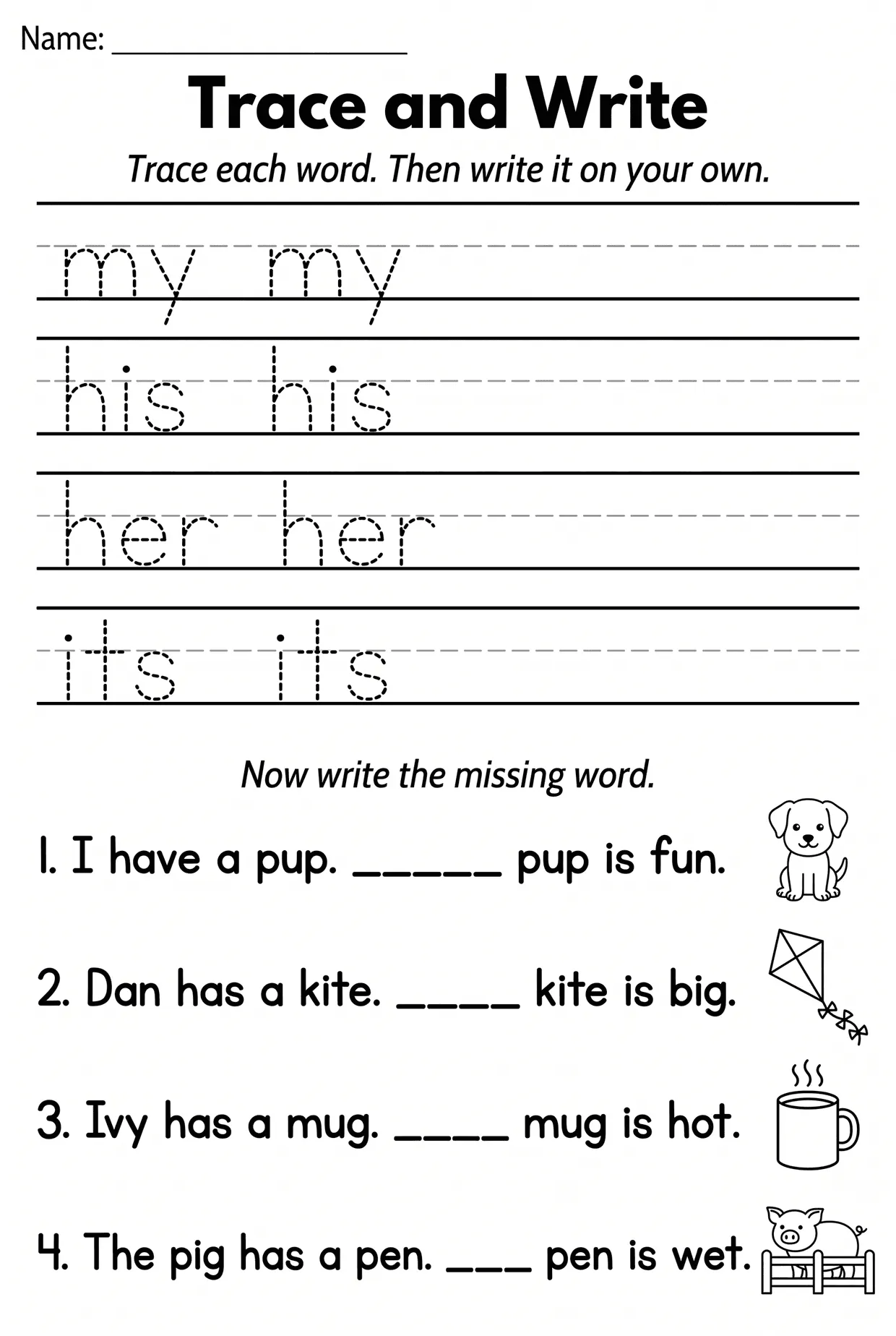 Trace and Write Possessive Adjectives Worksheet, page 1 preview
