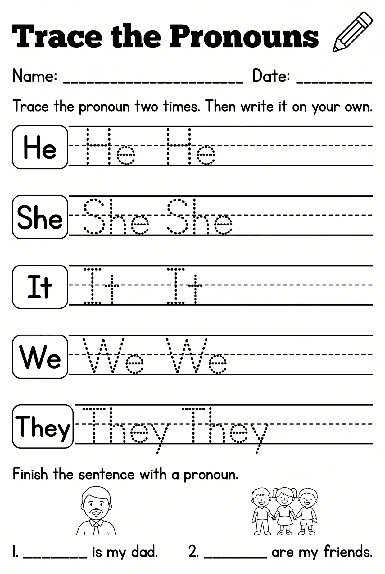 Trace the Pronouns Handwriting Worksheet for Grade 1, page 1 preview