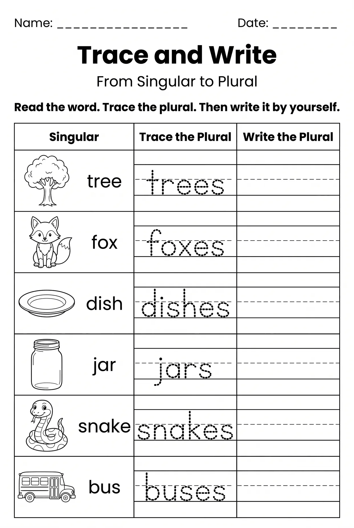 Trace and Write Singular Plural Worksheet for Grade 1, page 1 preview