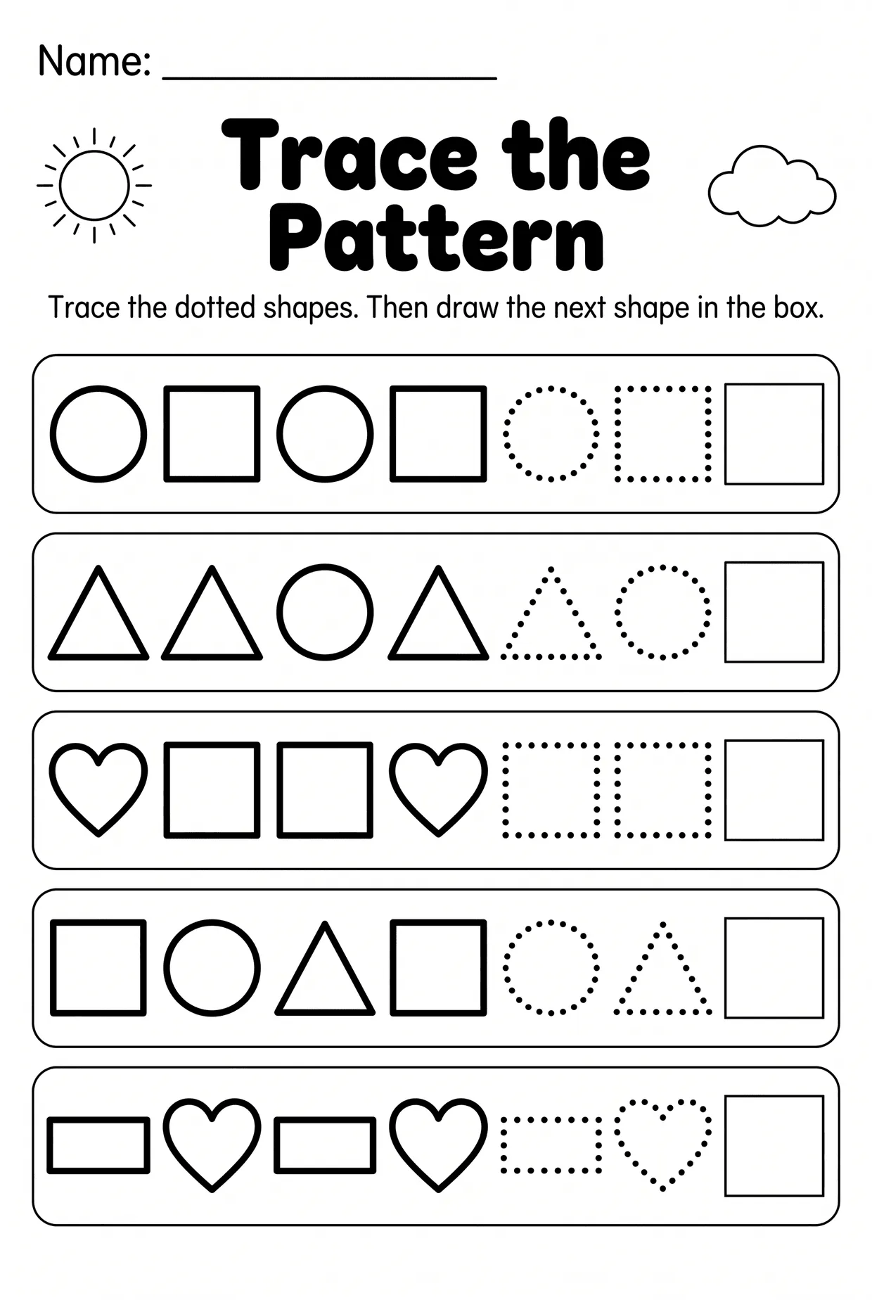Trace the Shapes Pattern Worksheet for Kindergarten, page 1 preview