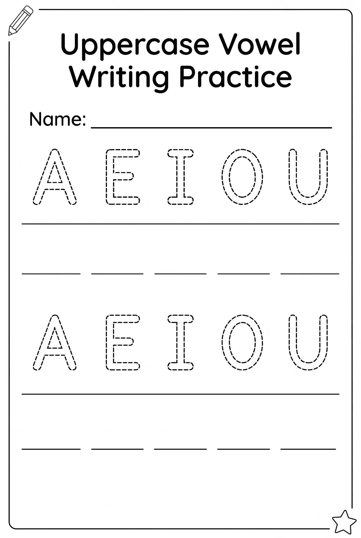 Trace Uppercase A E I O U: Kindergarten Vowels worksheet preview