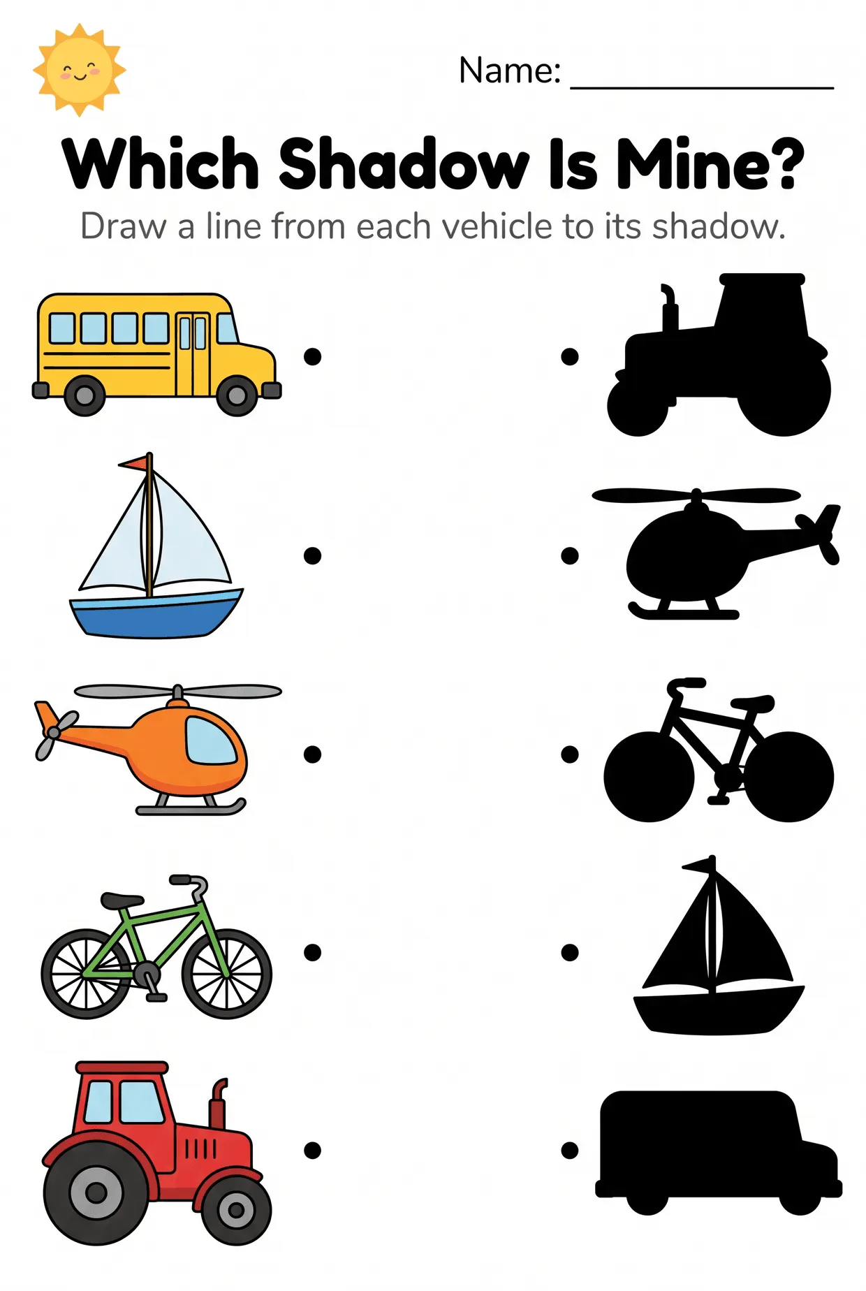 Transportation Shadow Matching Worksheet for Preschool worksheet preview