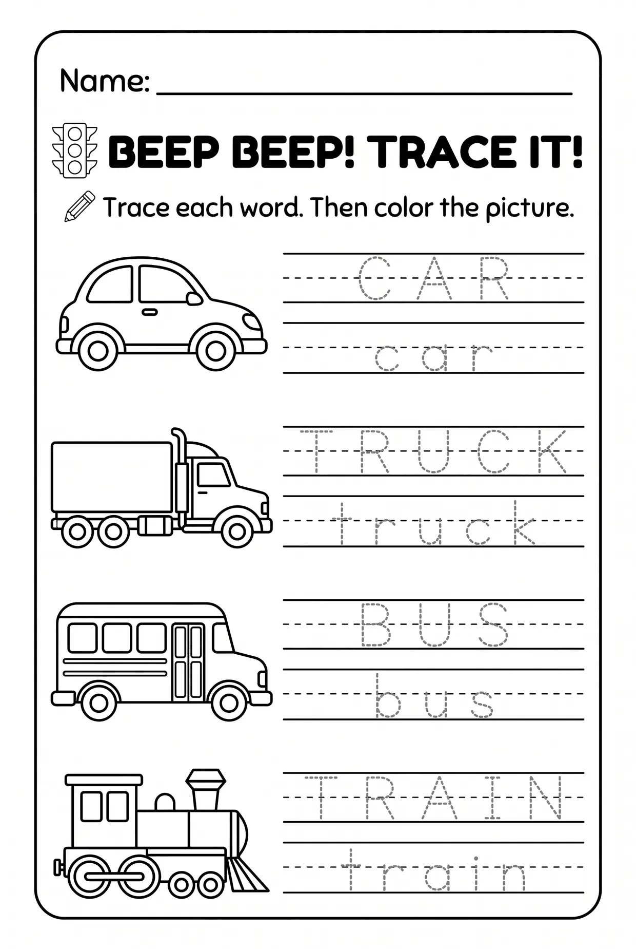 Transportation Word Tracing Worksheet for Preschool worksheet preview