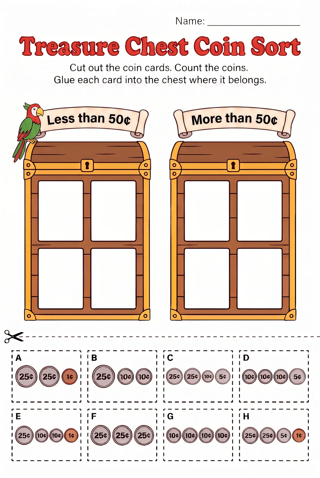 Treasure Chest Coin Sort: Cut and Paste Money Worksheet, page 1 preview