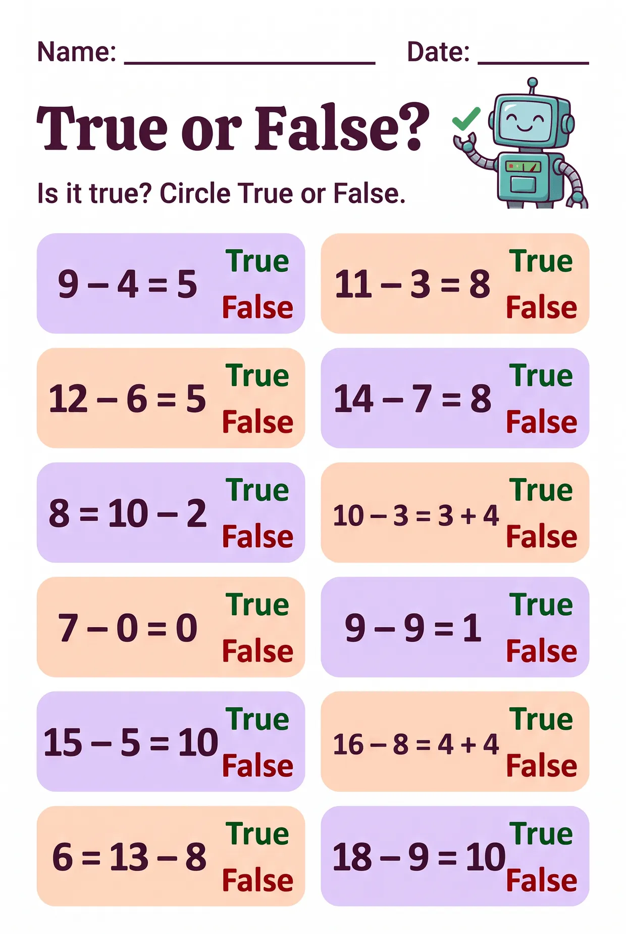 True or False Subtraction Worksheet for Grade 1, page 1 preview