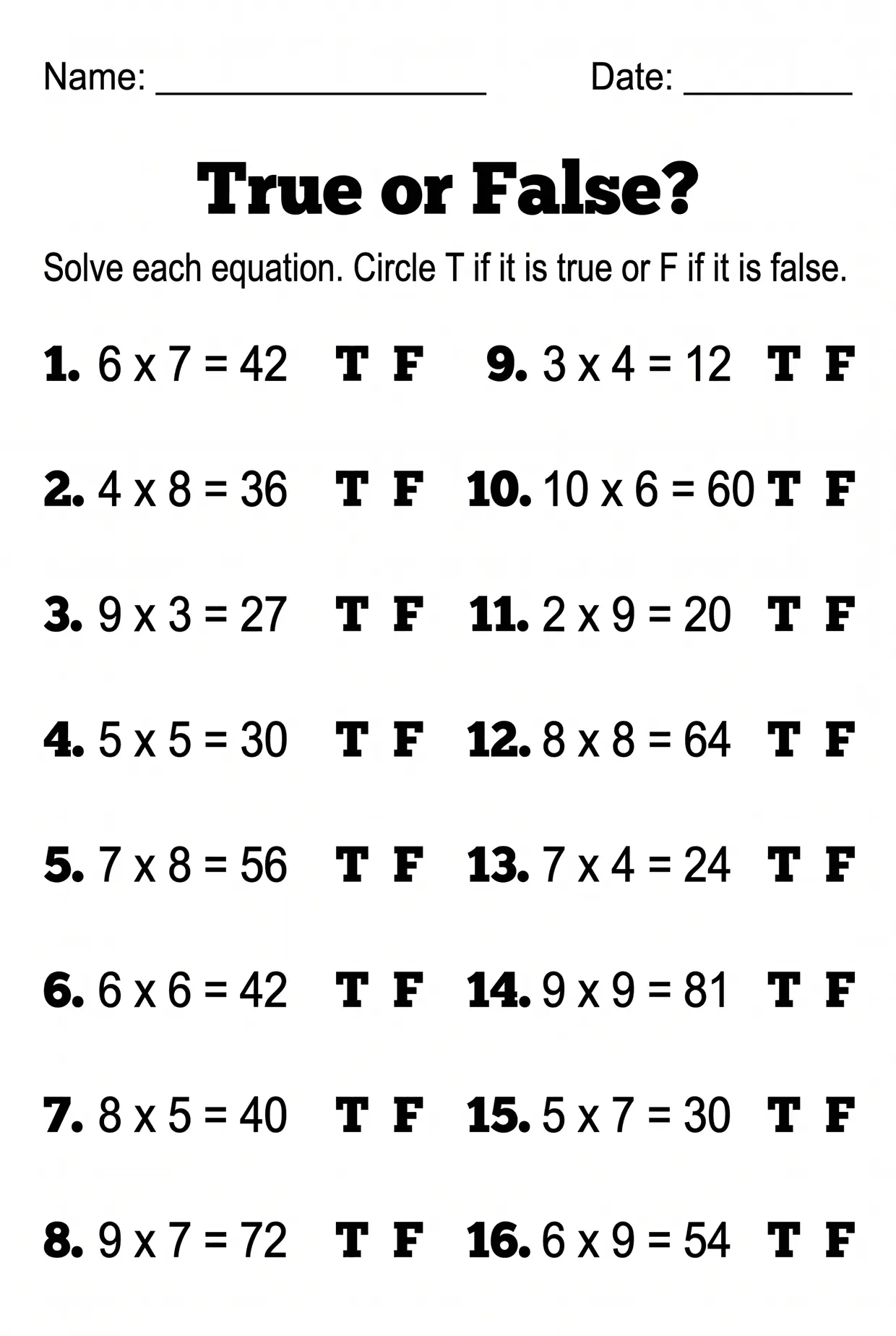 True or False Multiplication Facts Worksheet Grade 3, page 1 preview