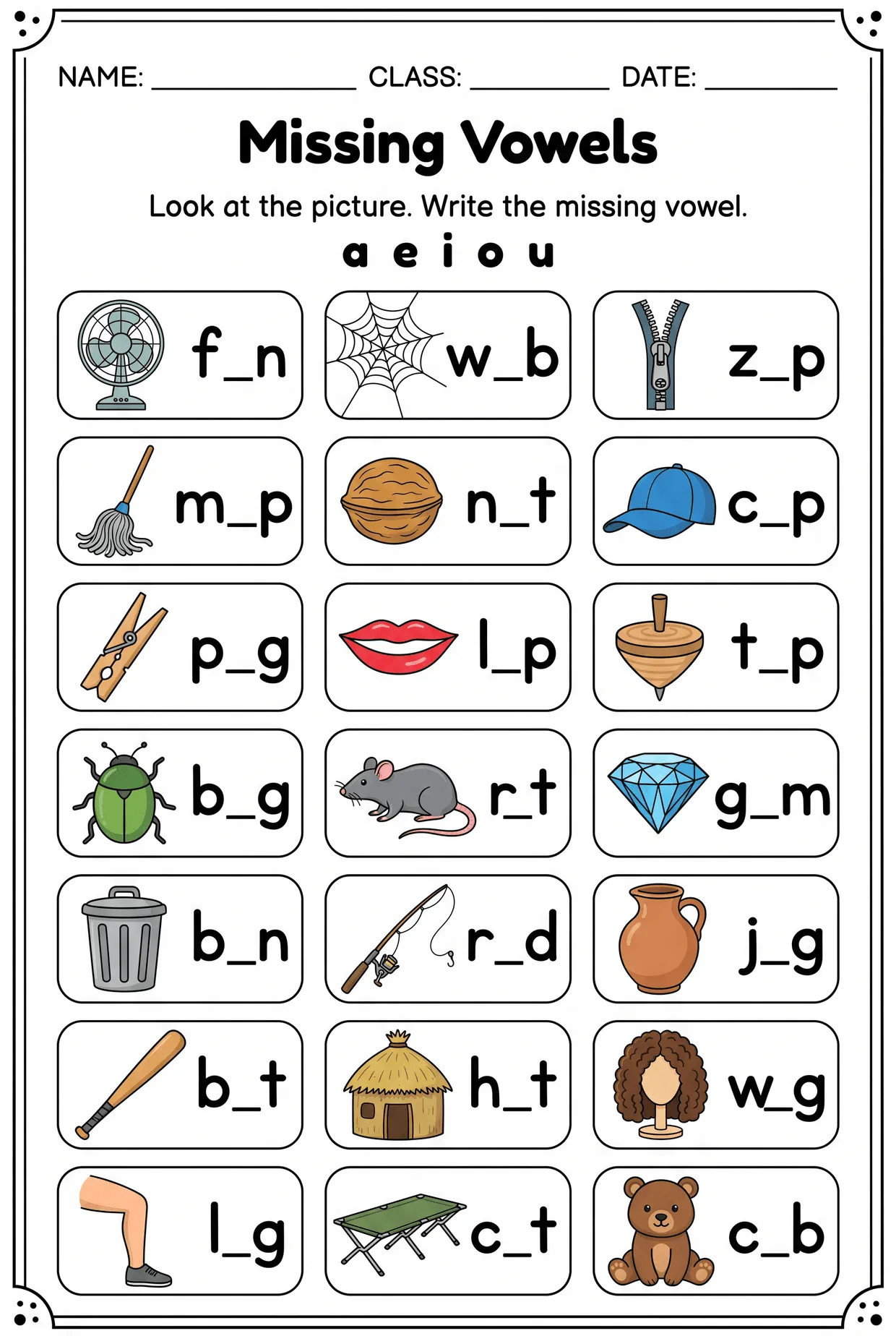 Missing Vowels: 21 CVC Picture Words (Grade 1), page 1 preview