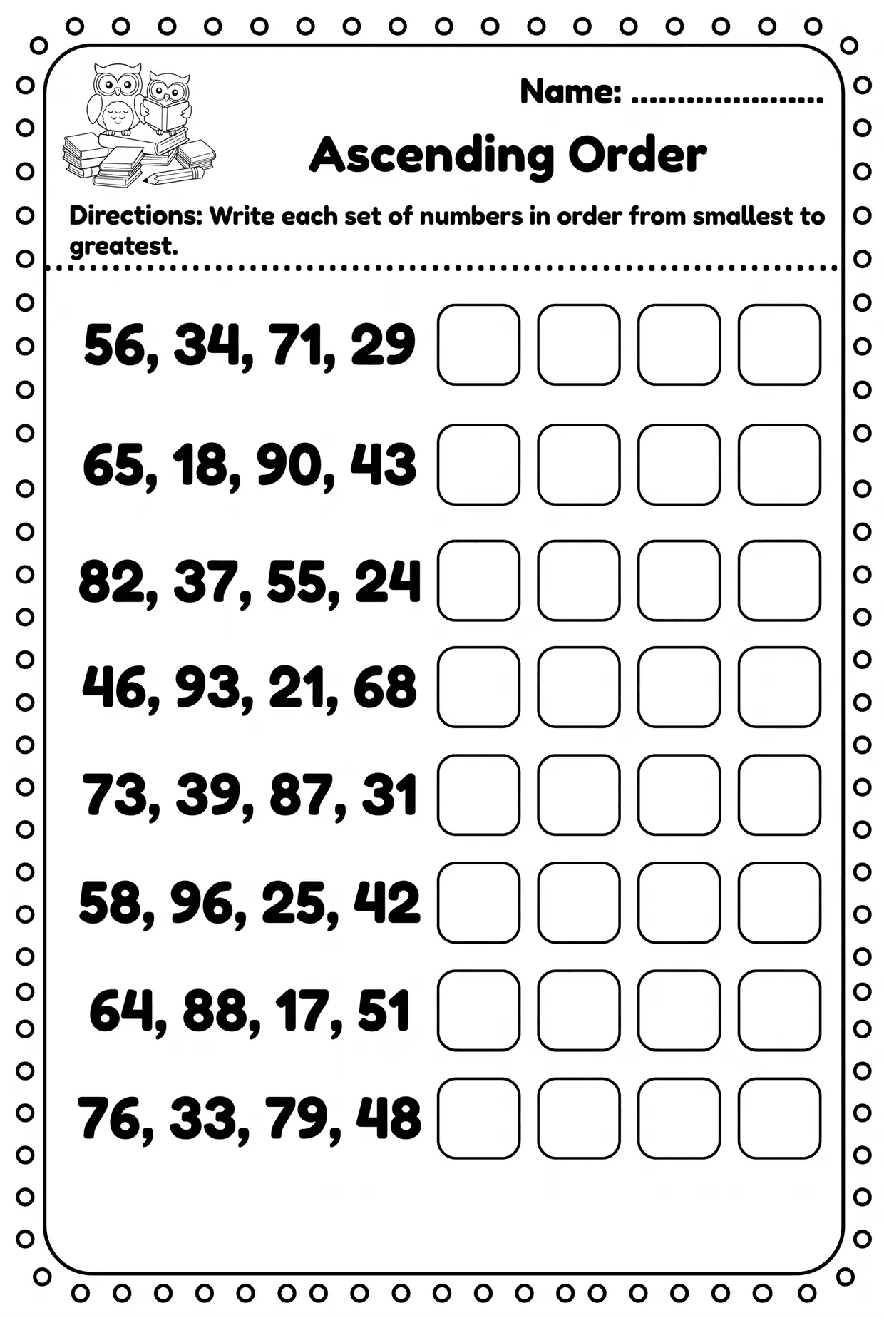 Ascending Order Worksheet: 2-Digit, Black & White, page 1 preview
