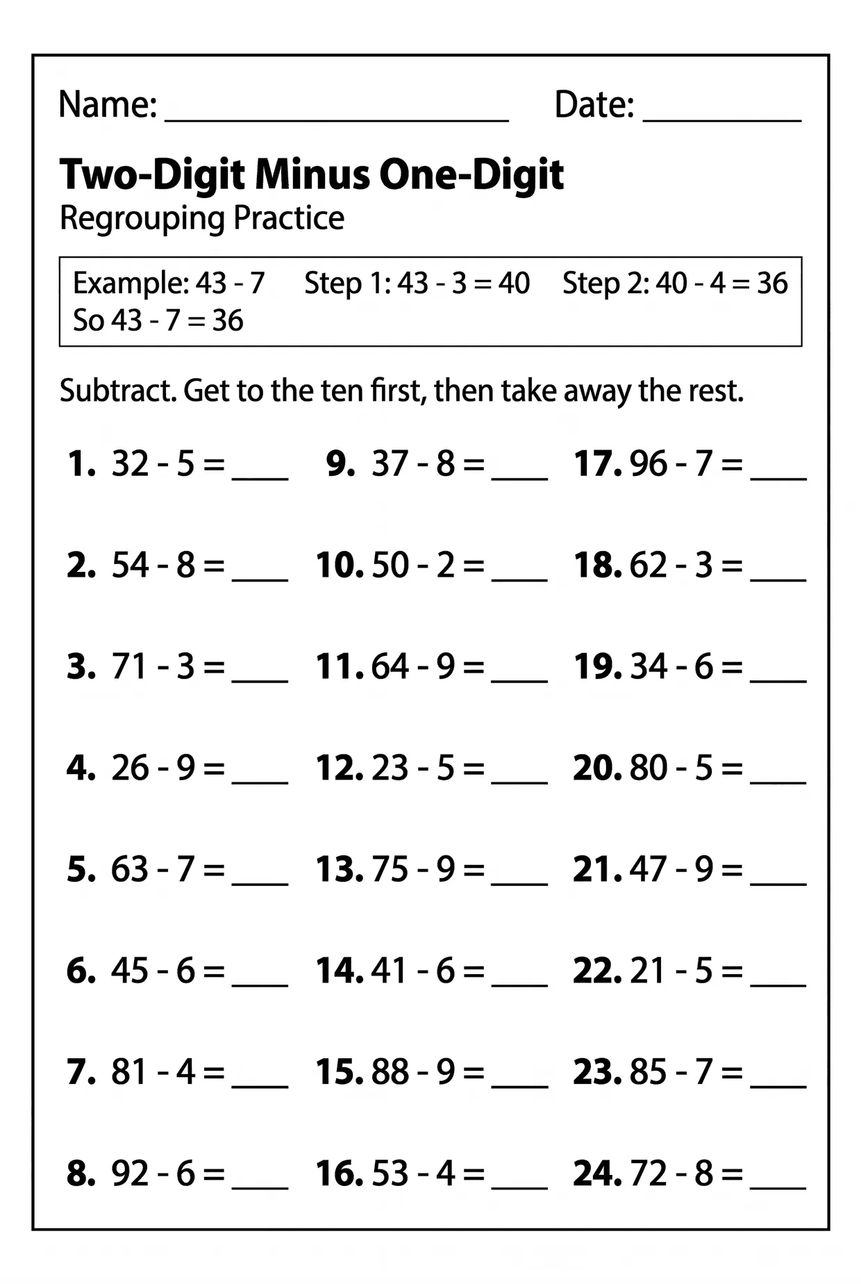 Two-Digit Minus One-Digit Subtraction Worksheet Grade 2, page 1 preview