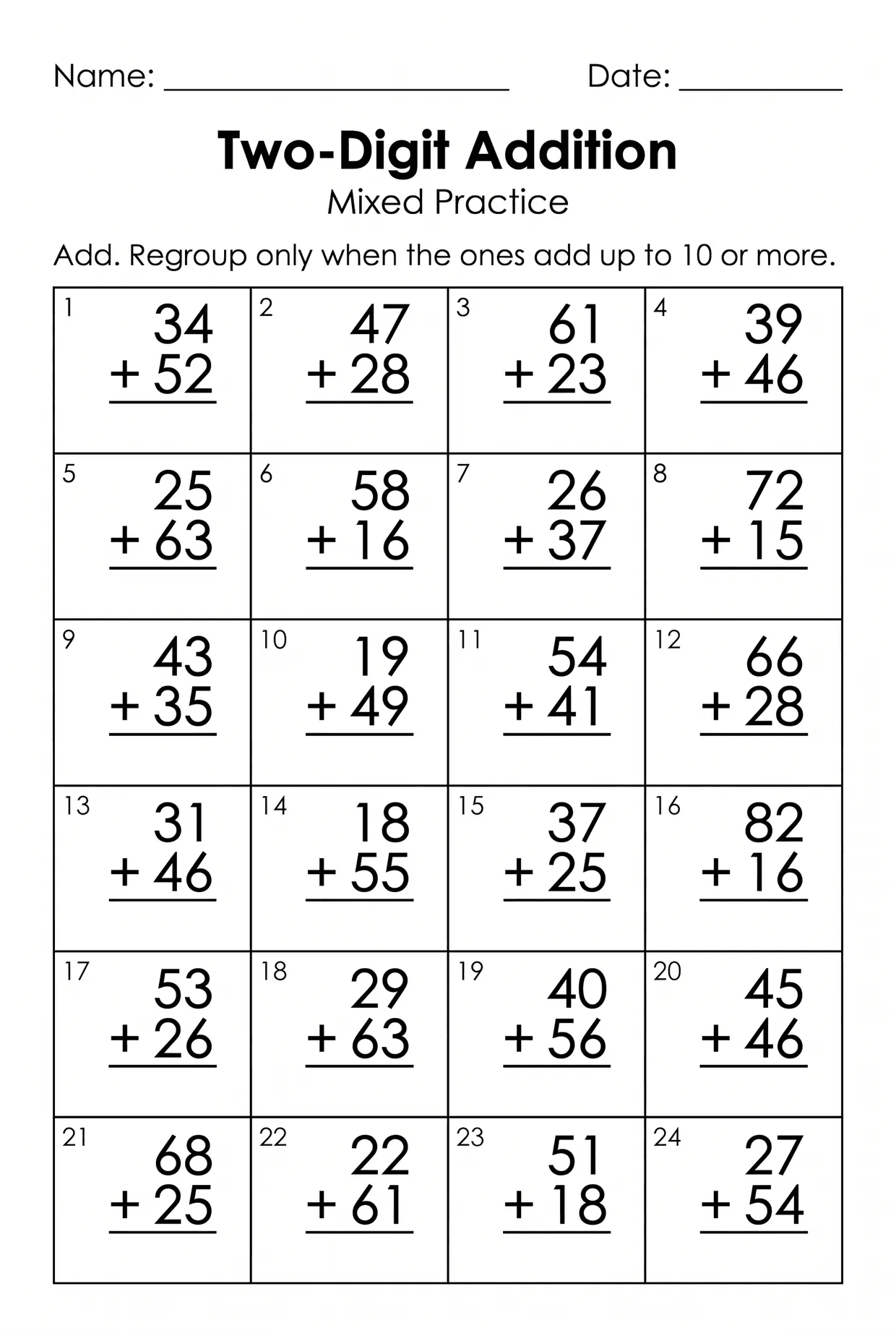 Mixed Two-Digit Addition Worksheet for 2nd Grade, page 1 preview