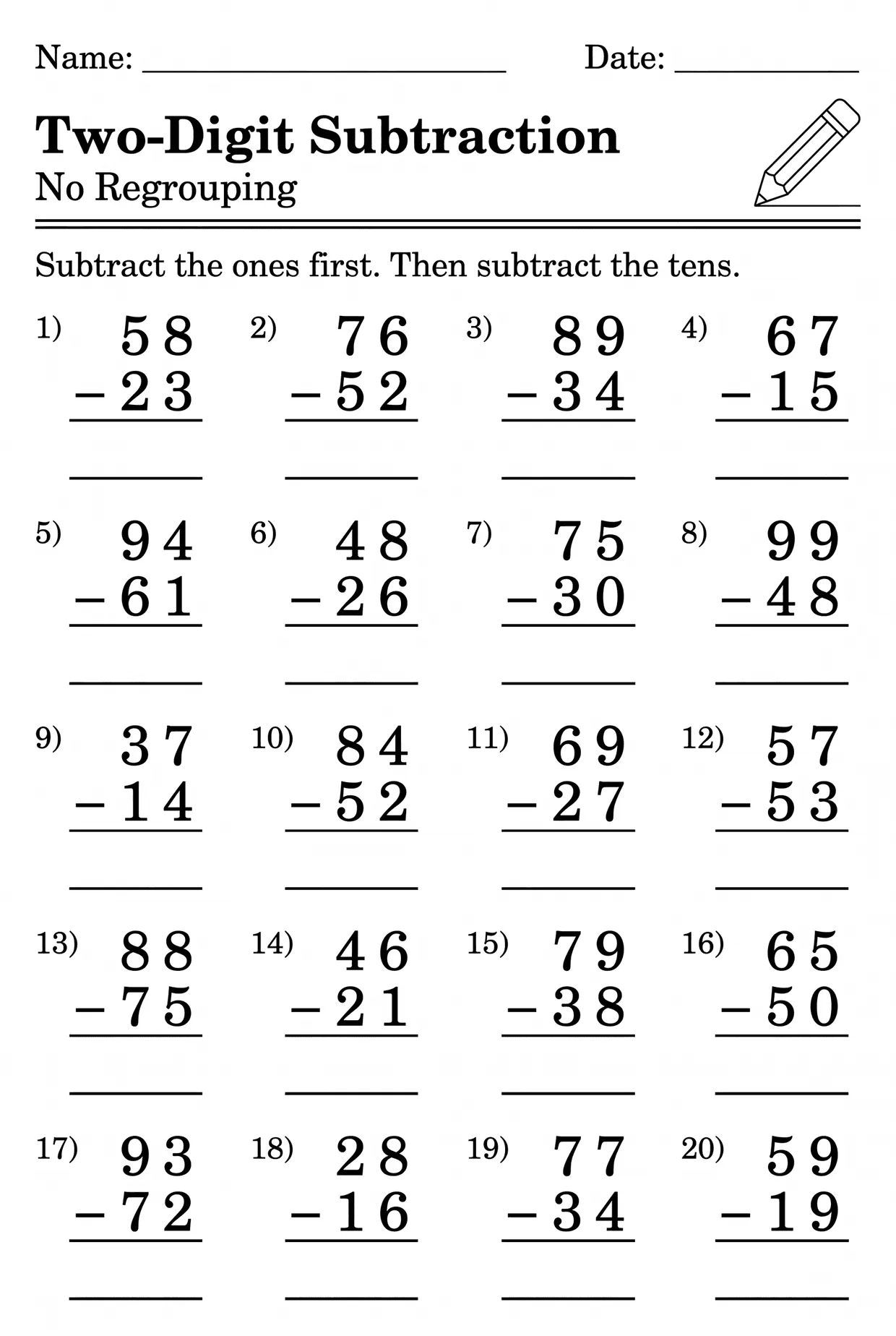 2nd Grade Subtraction Worksheet: Two-Digit No Regrouping, page 1 preview
