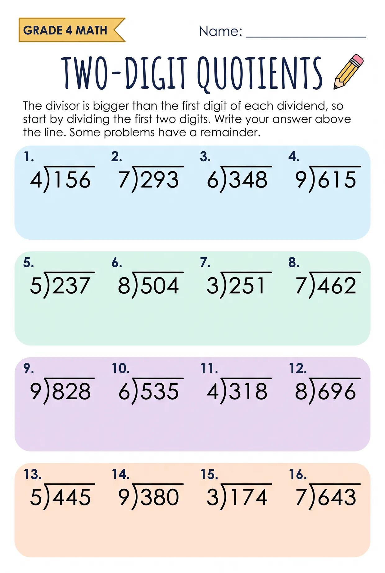 Two-Digit Quotients 4th Grade Division Worksheet, page 1 preview