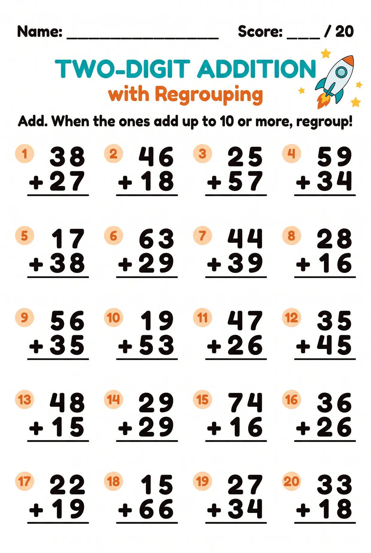 2nd Grade Addition Worksheet: Two-Digit With Regrouping, page 1 preview