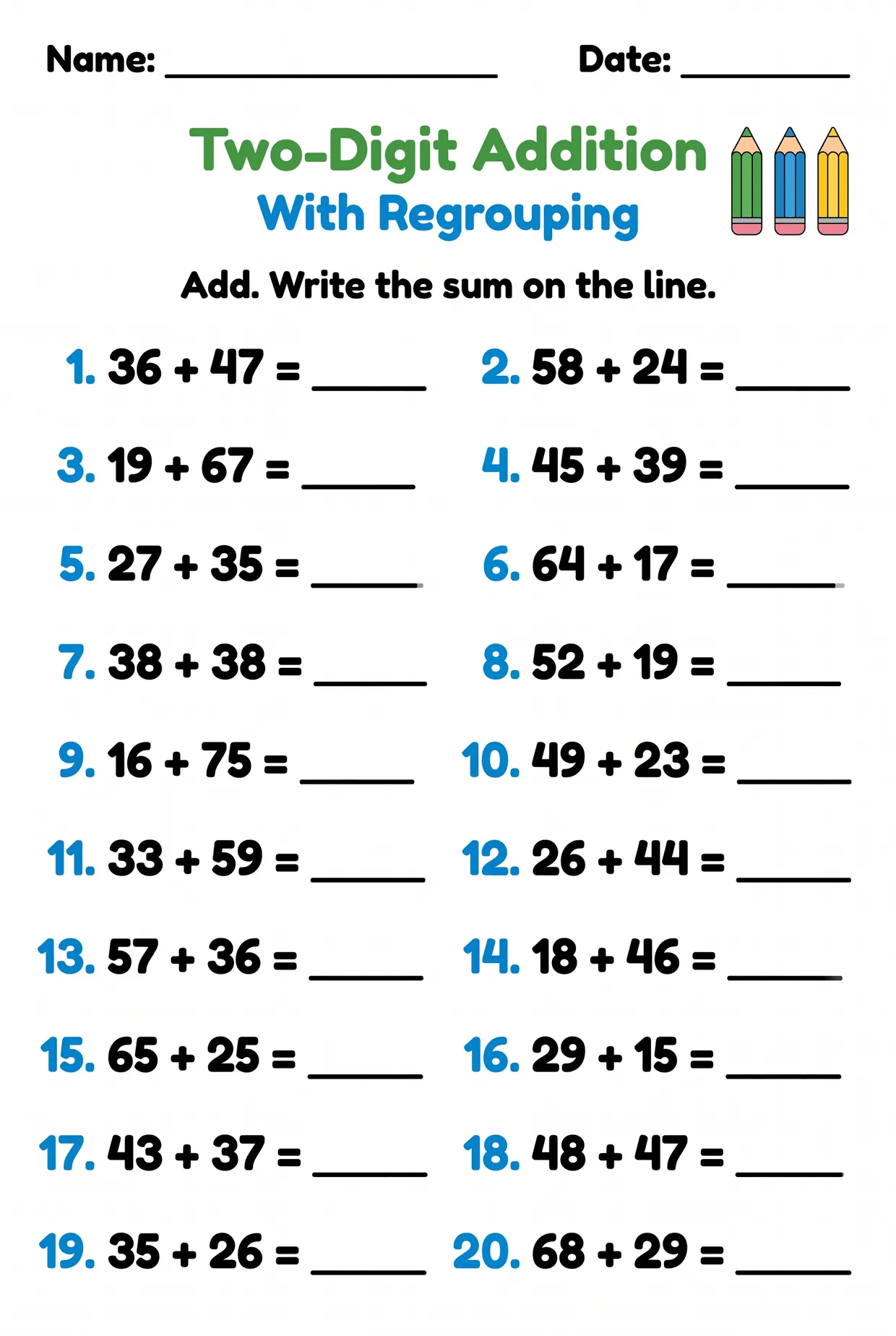Horizontal Two-Digit Addition Worksheet for Grade 2, page 1 preview