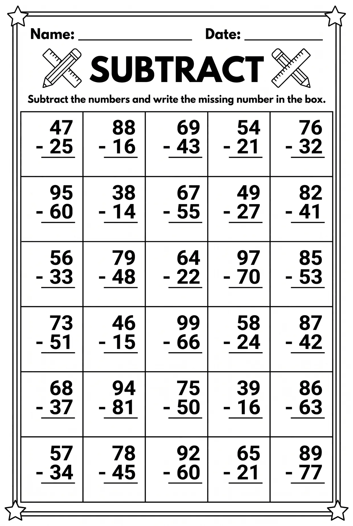 Two-Digit Subtraction Worksheet: No Regrouping, page 1 preview