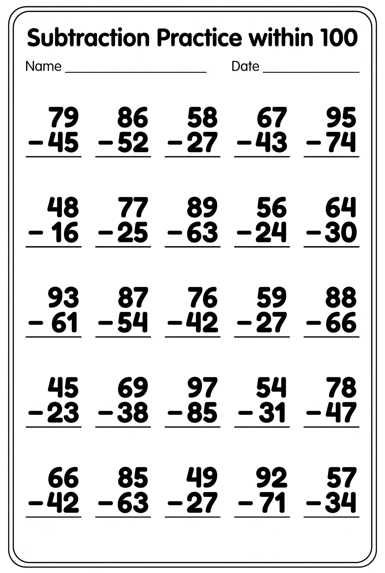 Two-Digit Subtraction Practice Within 100, page 1 preview