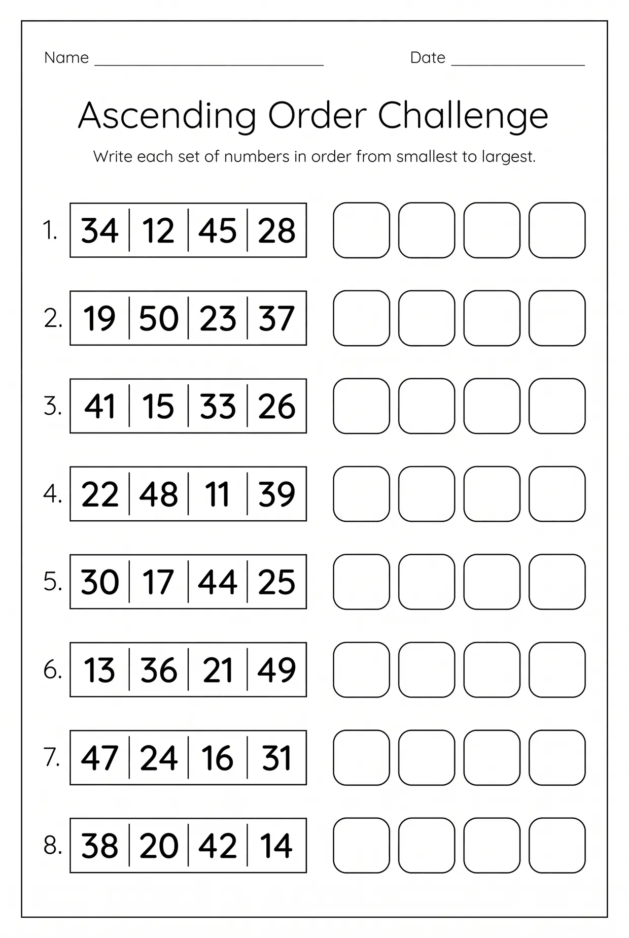 Two Digit Ascending Order Worksheet to 50 Grade 1 worksheet preview