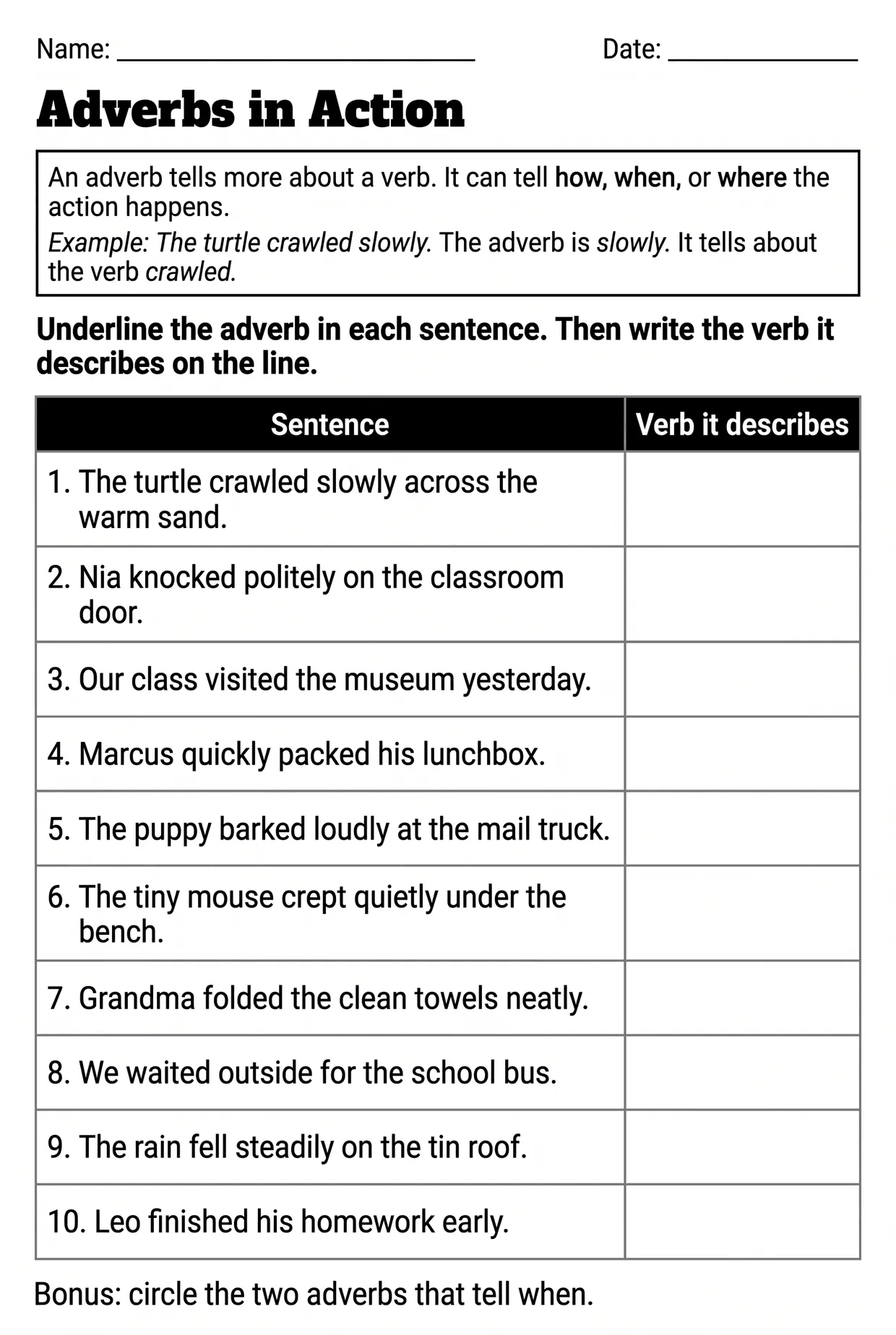 Underline the Adverb Worksheet for 3rd Grade, page 1 preview