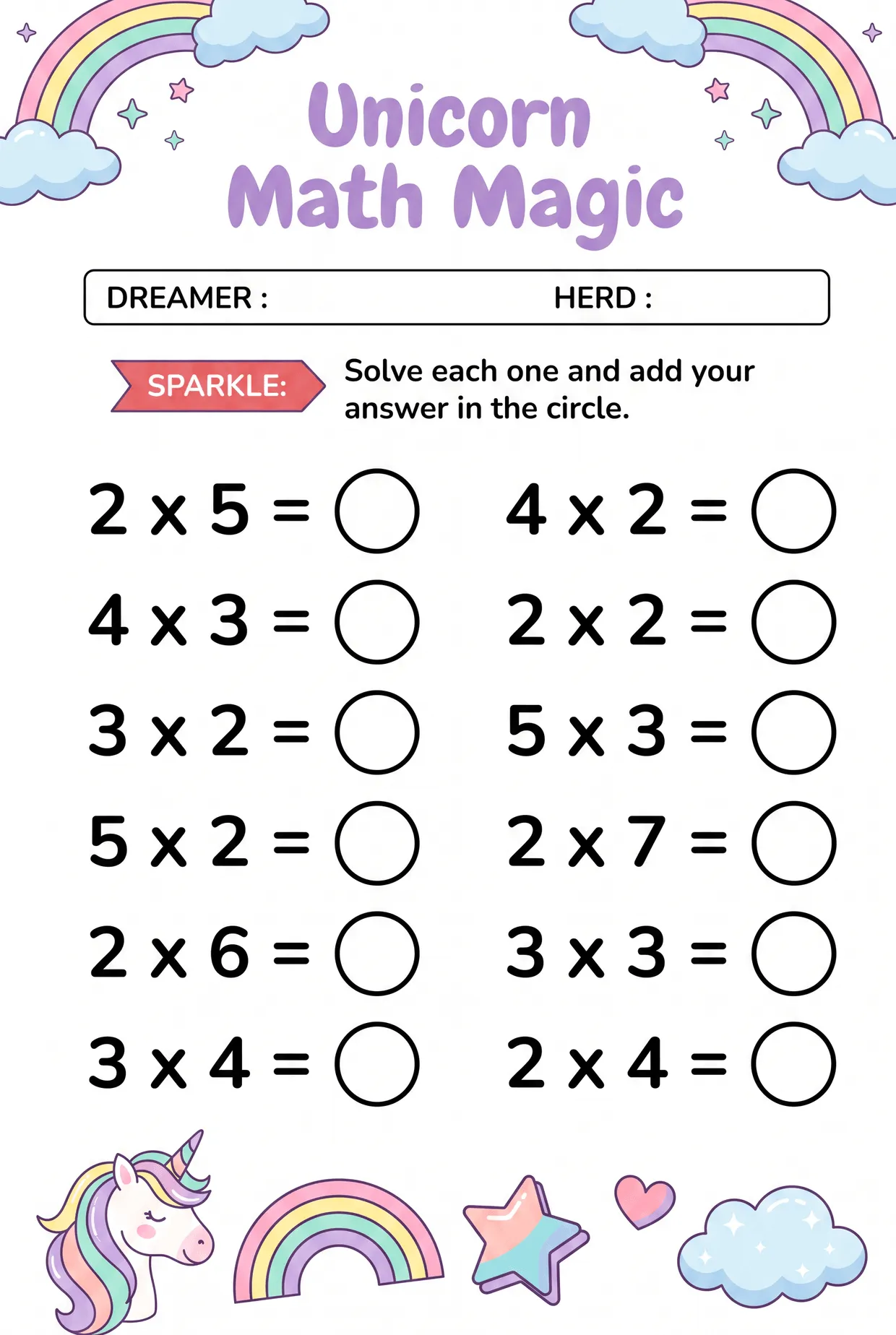 Unicorn Math Magic: Rainbow Multiplication Worksheet, page 1 preview