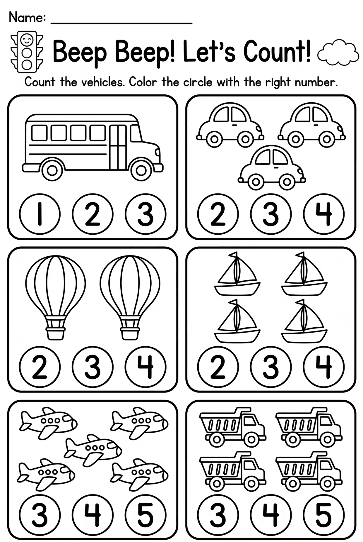 Beep Beep Vehicles Counting Worksheet for Preschool, page 1 preview