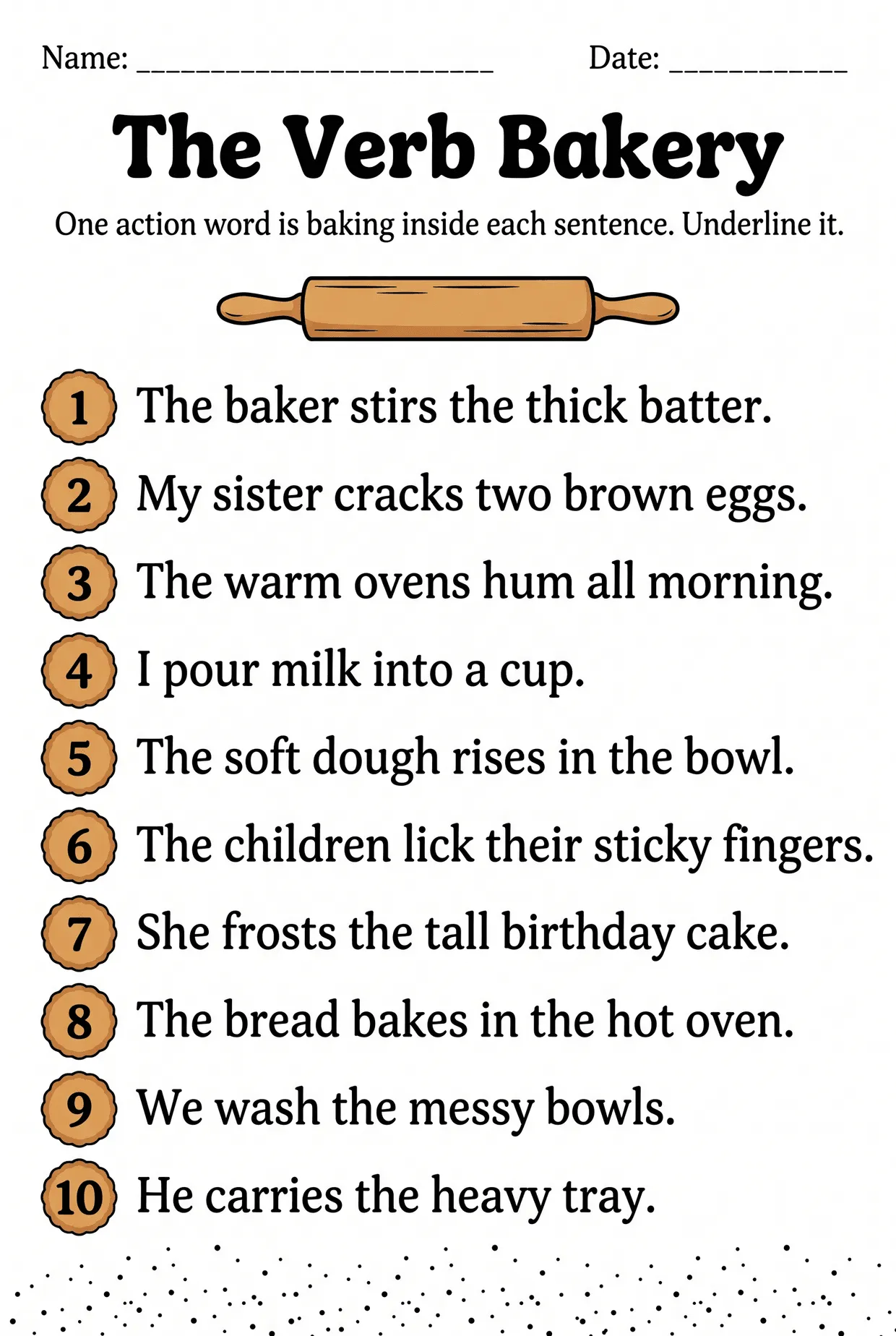 The Verb Bakery: Underline the Action Verb Worksheet, page 1 preview