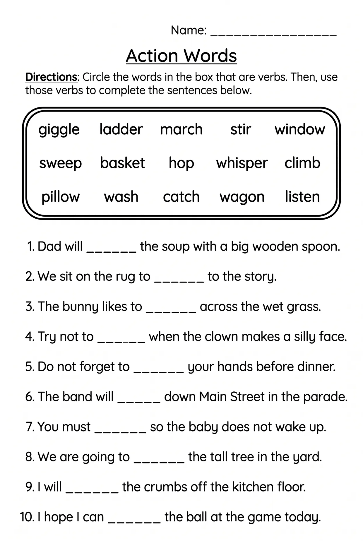 Action Words Worksheet: Circle Verbs, Then Write Them, page 1 preview