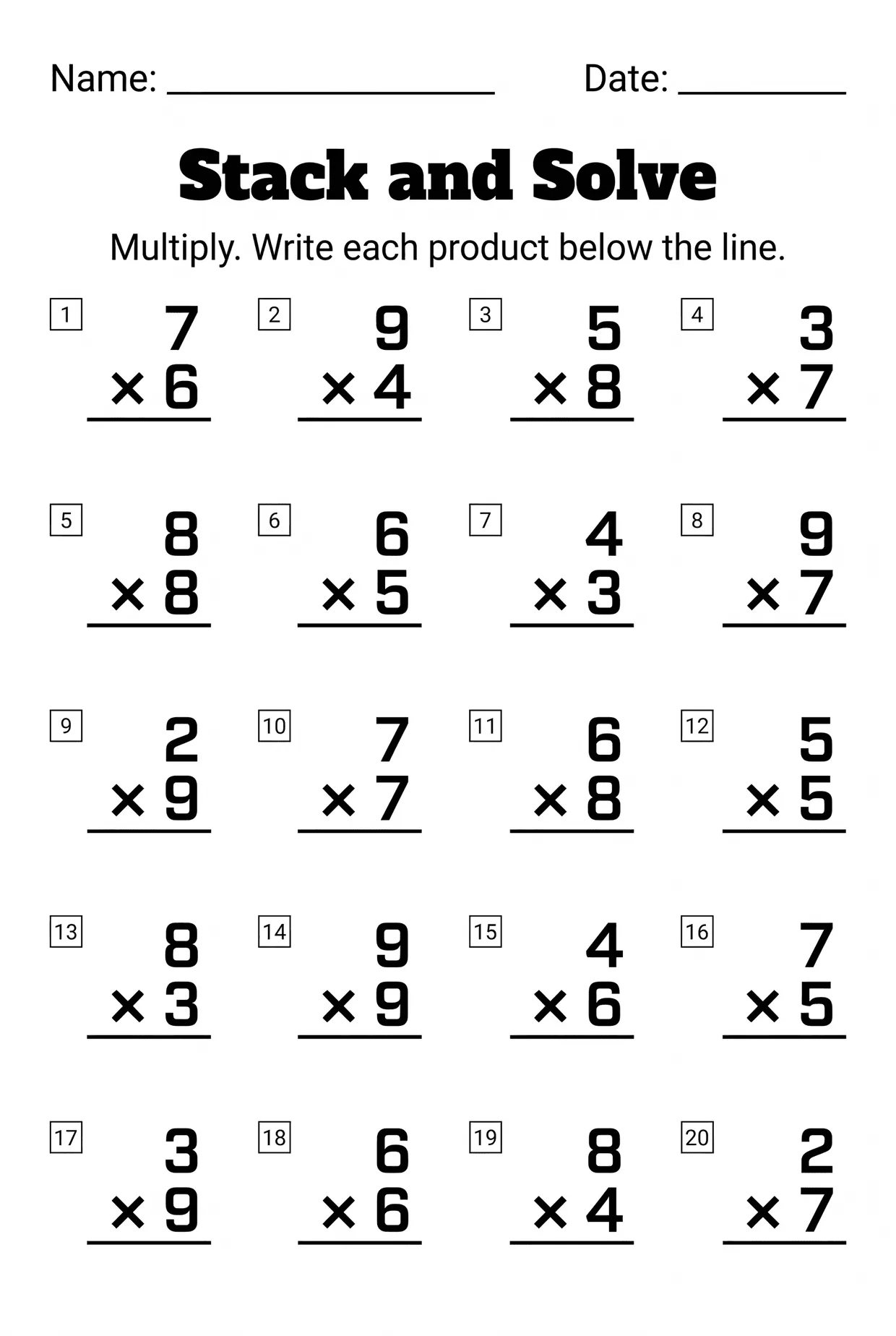 Stack and Solve: Vertical Multiplication Worksheet, page 1 preview
