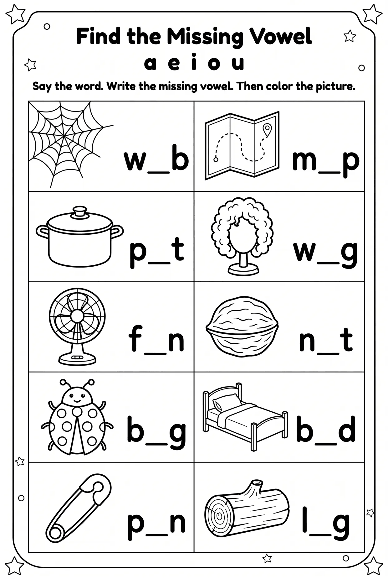 Missing Vowels Worksheet: Web, Map, Pot, Wig, page 1 preview