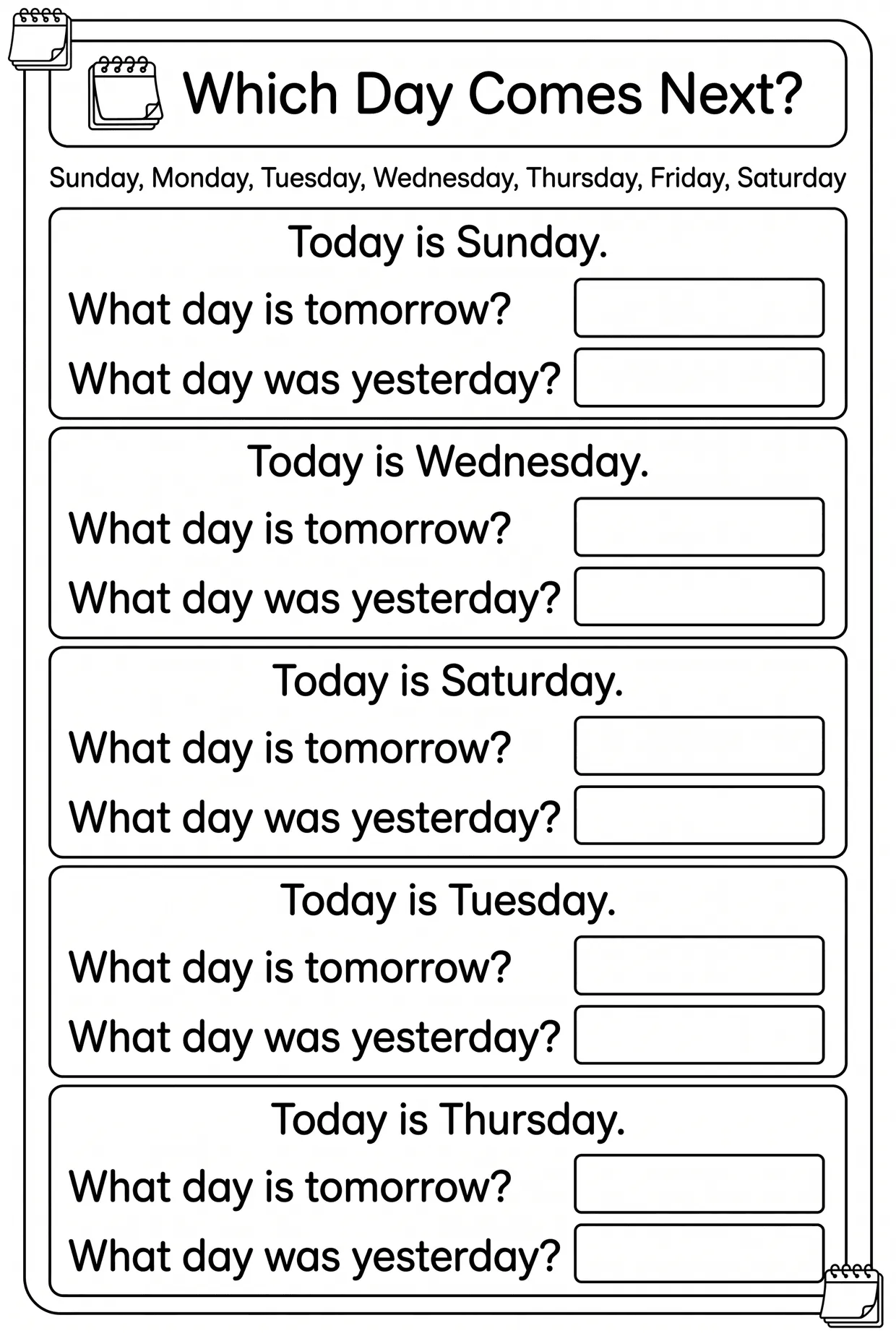Which Day Comes Next? worksheet preview