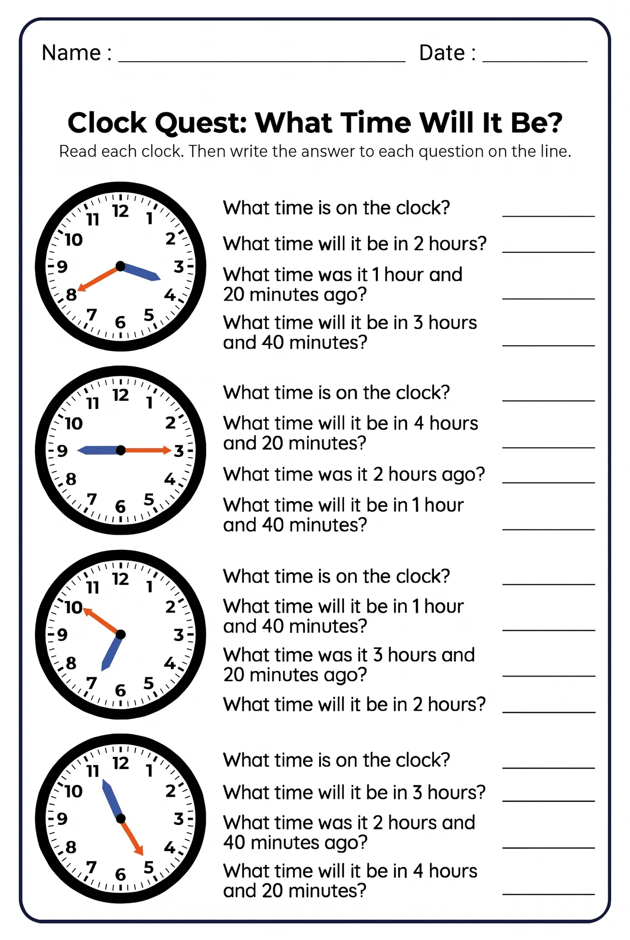 What Time Will It Be? Elapsed Time Worksheet Grade 3, page 1 preview