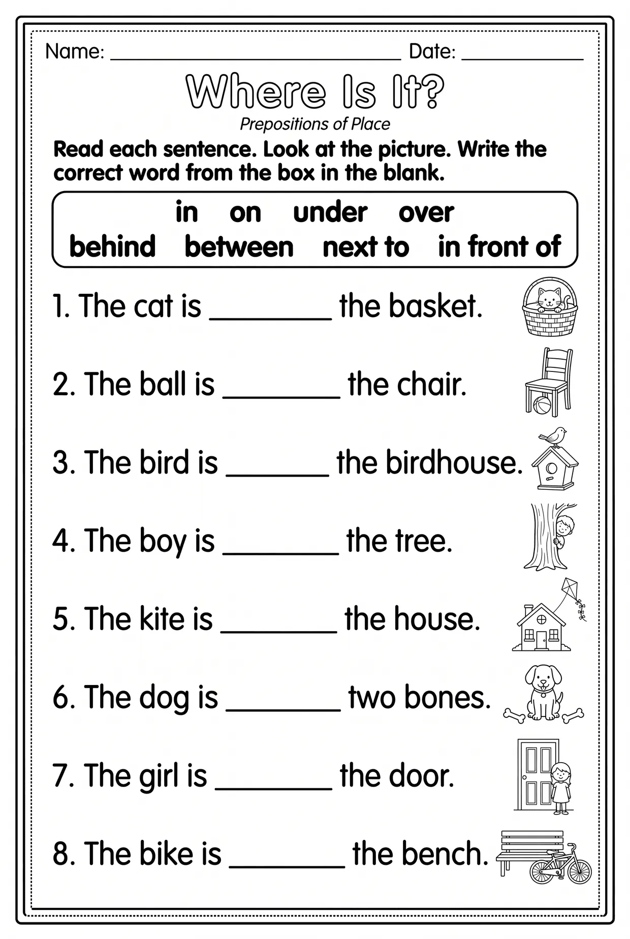 Where Is It? First Grade Prepositions Worksheet, page 1 preview