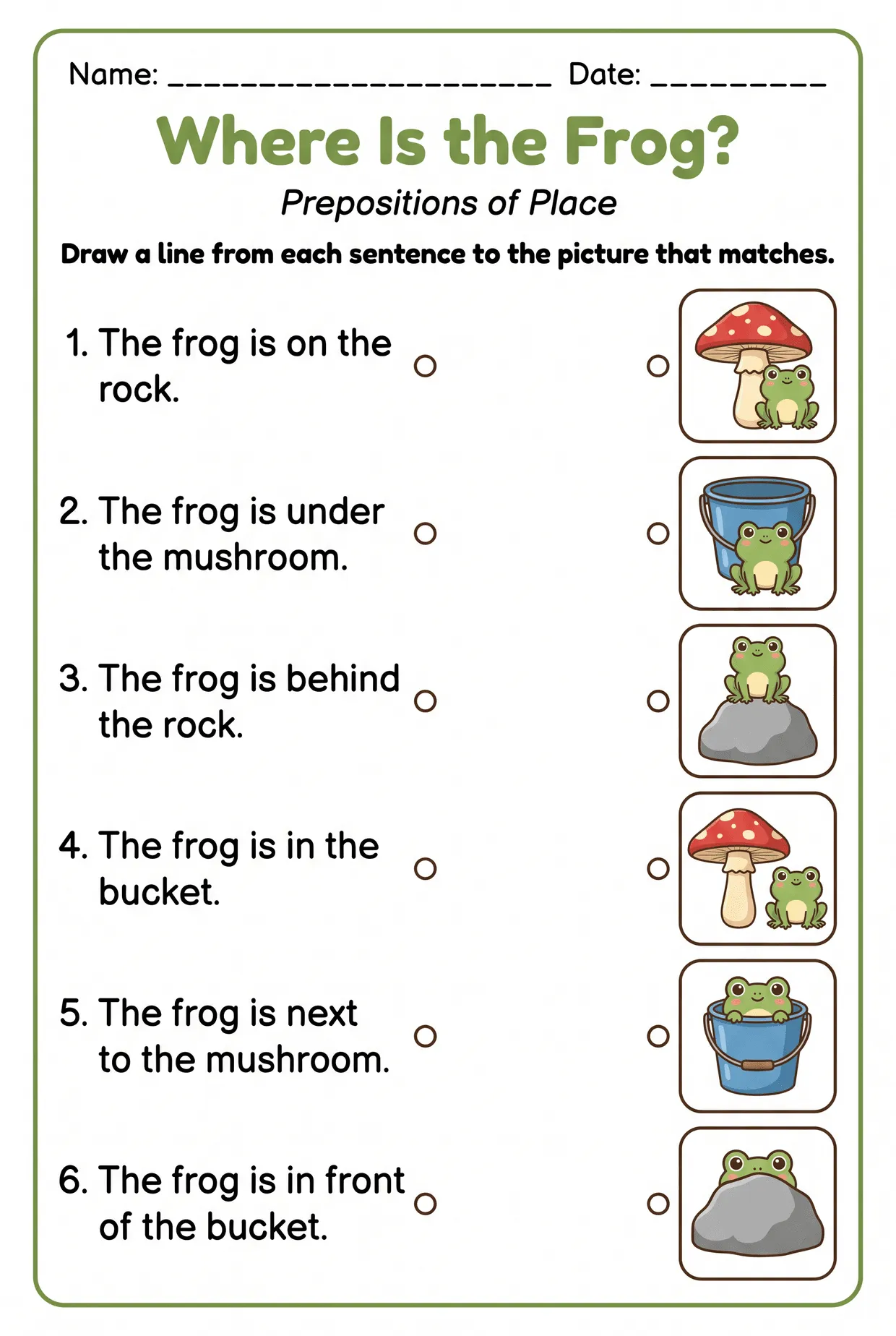 Where Is the Frog? Prepositions Matching Worksheet, page 1 preview