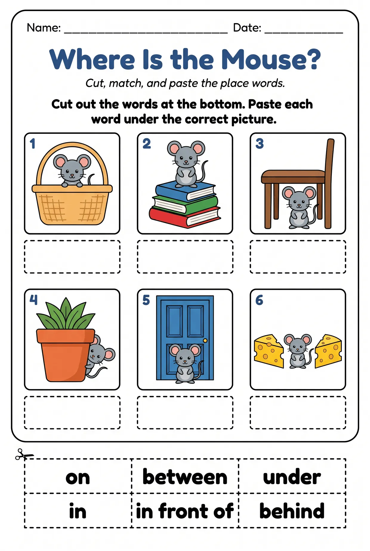 Where Is the Mouse? Cut and Paste Prepositions Worksheet worksheet preview