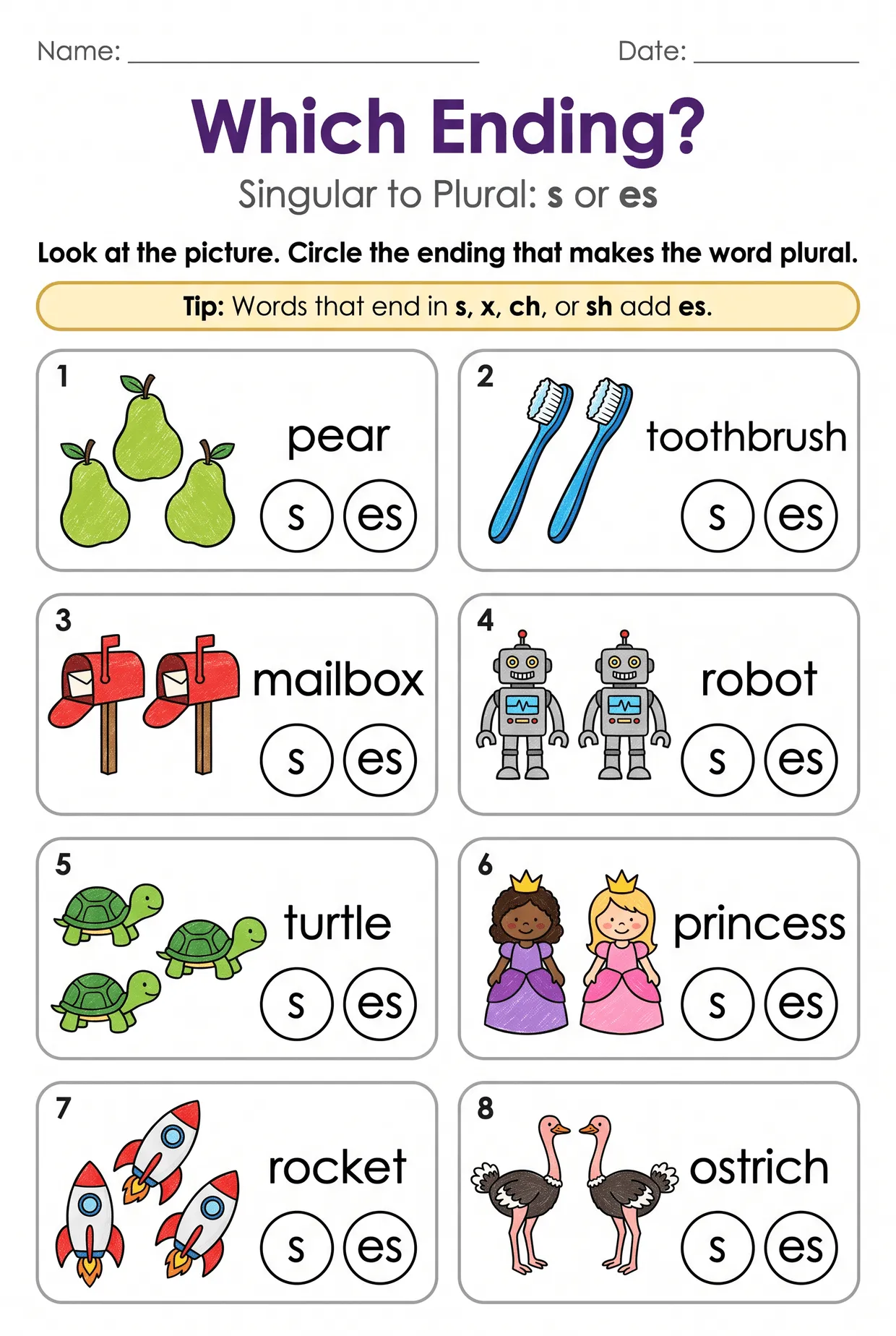 Which Ending? S or ES Singular Plural Worksheet Grade 1, page 1 preview