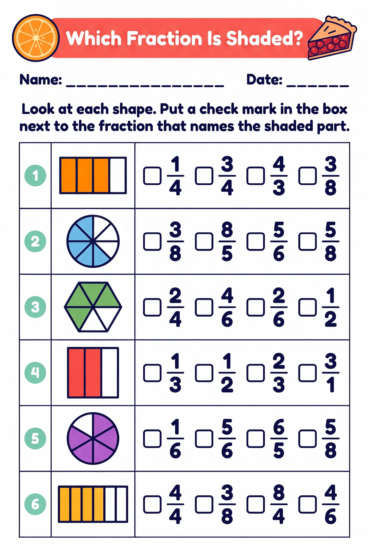 Which Fraction Is Shaded? 3rd Grade Fraction Worksheet, page 1 preview