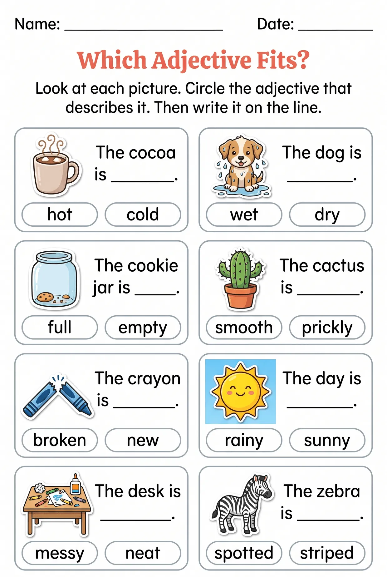 Which Adjective Fits? 2nd Grade Adjectives Worksheet, page 1 preview