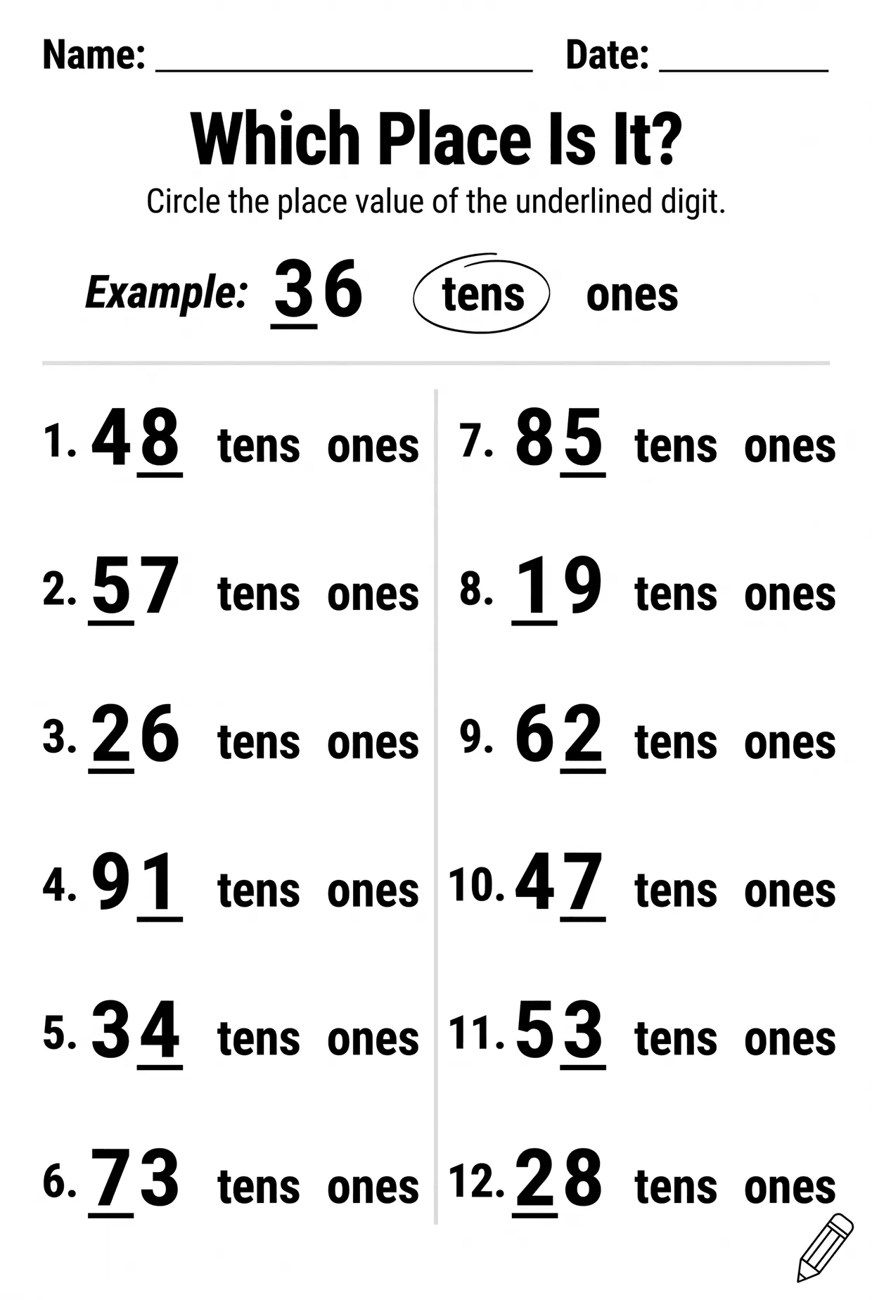 Which Place Is It Place Value Worksheet for First Grade, page 1 preview