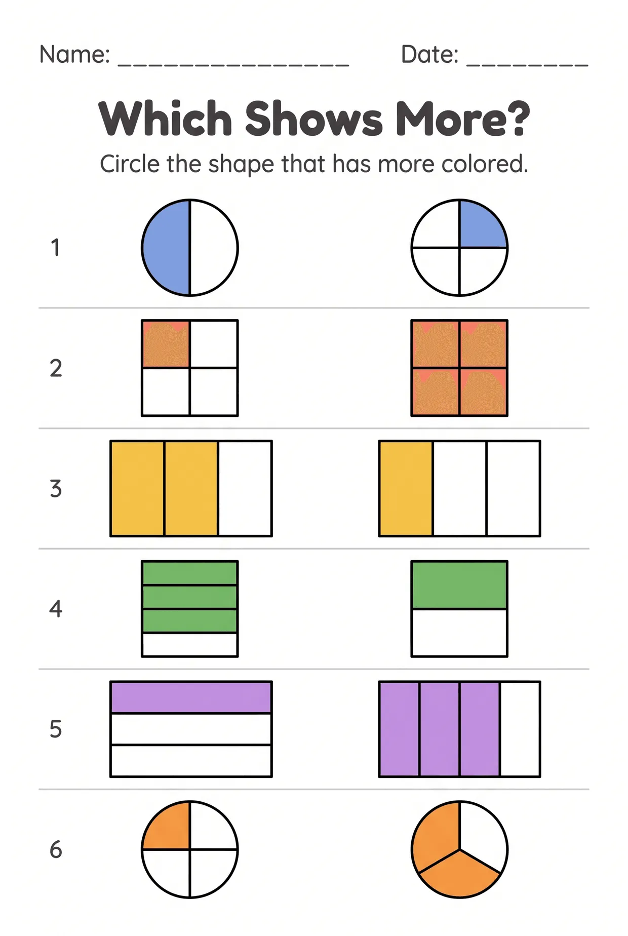 Which Shows More? Comparing Fractions Worksheet, page 1 preview
