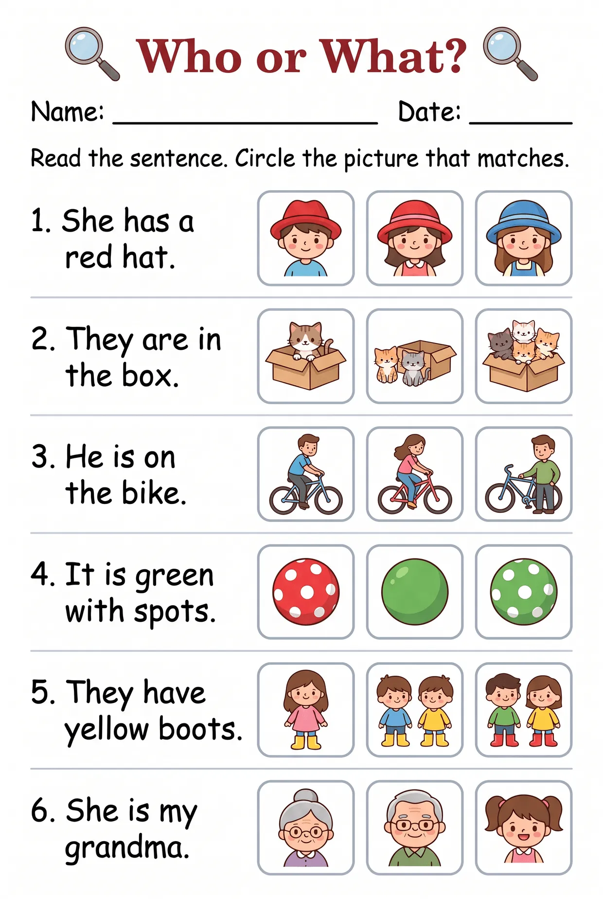 Who or What? Pronoun Picture Match Worksheet for Grade 1, page 1 preview
