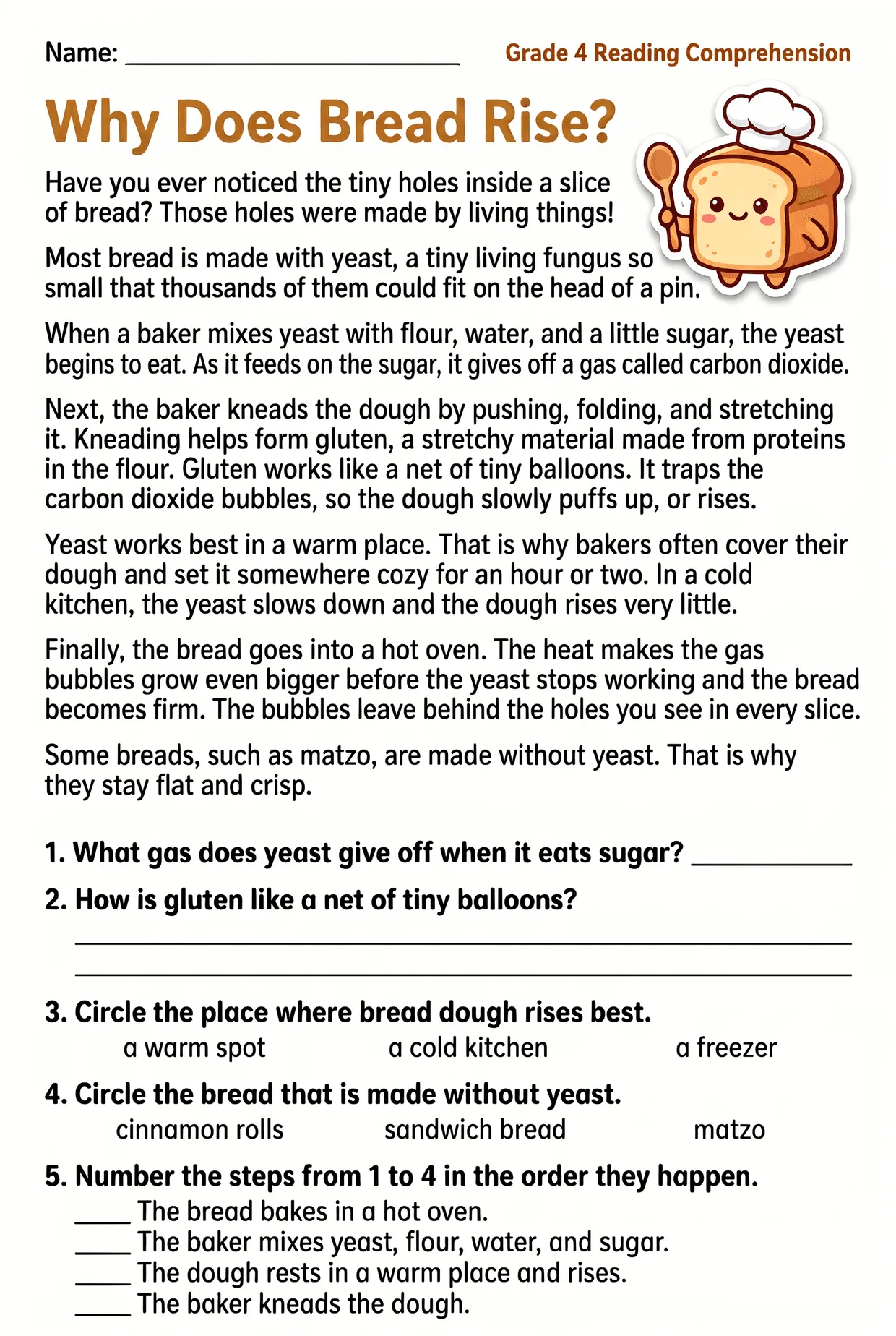 Why Bread Rises: Grade 4 Reading Comprehension Worksheet, page 1 preview
